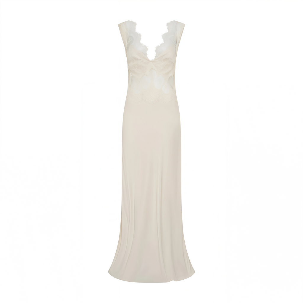 Vestido maxi de satín Aitana Neutrals de MRTokyo con paneles de encaje, diseño elegante y suave en tonos neutros.