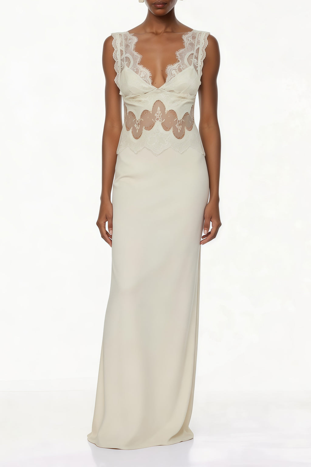 Vestido largo de satén en tonos neutros de MRTokyo, con paneles de encaje y corte elegante para eventos formales.