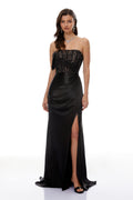 Vestido largo negro con encaje de cuentas y detalles brillantes, vestido maxi de fiesta de la marca MRNewyork.