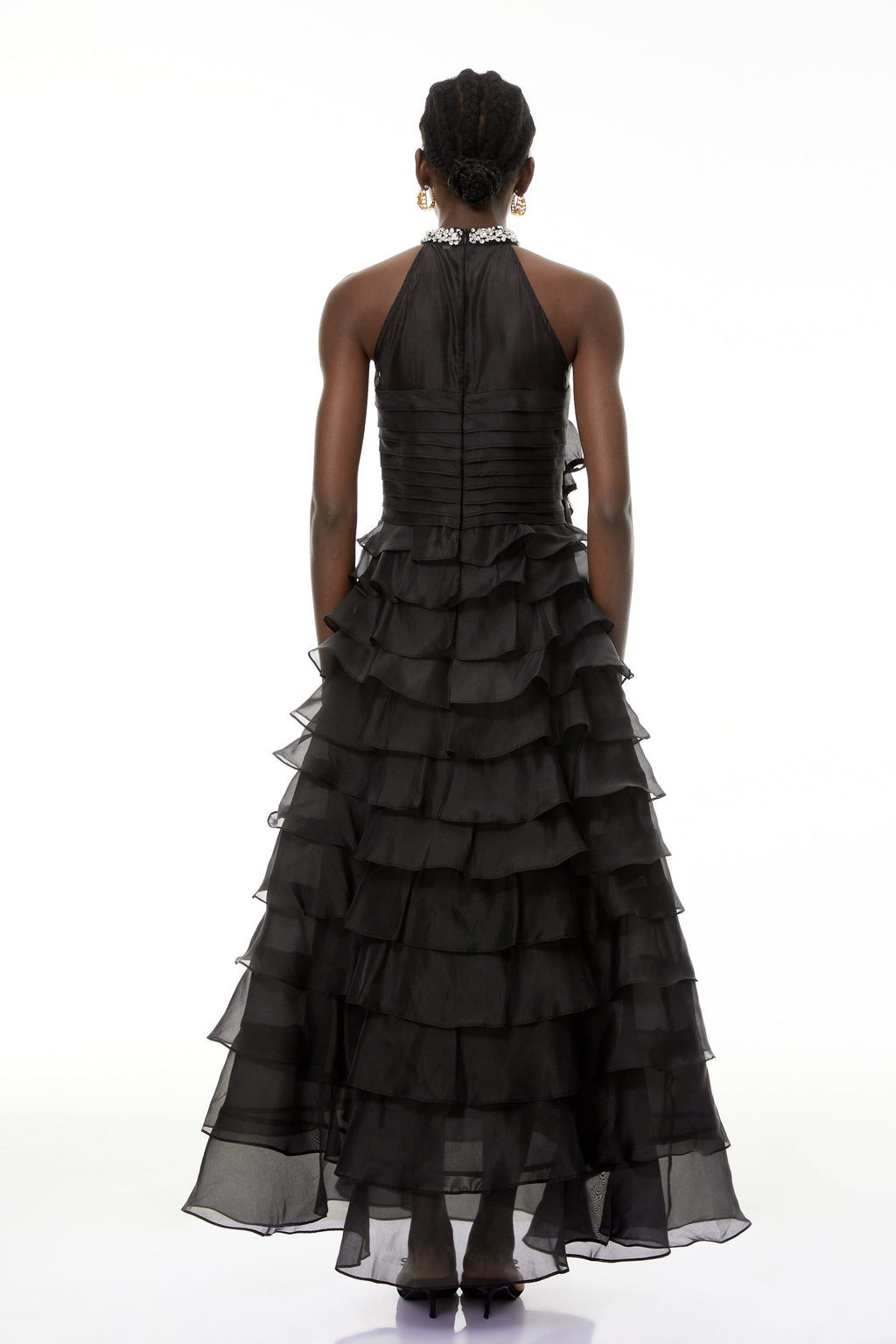 Anathi Black 3D Petal Ruffled Maxi Dress