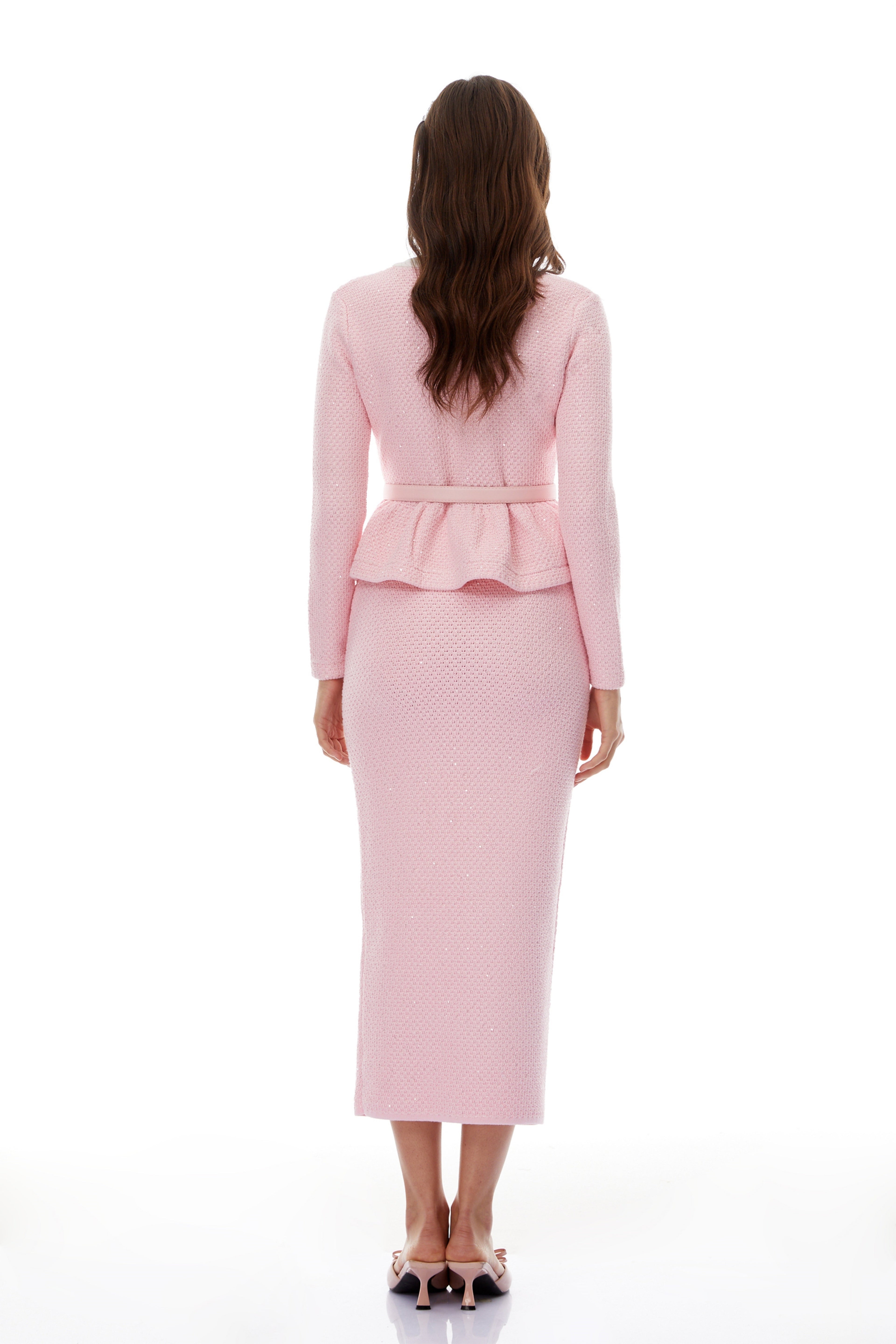 Ásdís Pink Sequined Knit Cardigan & Skirt Set