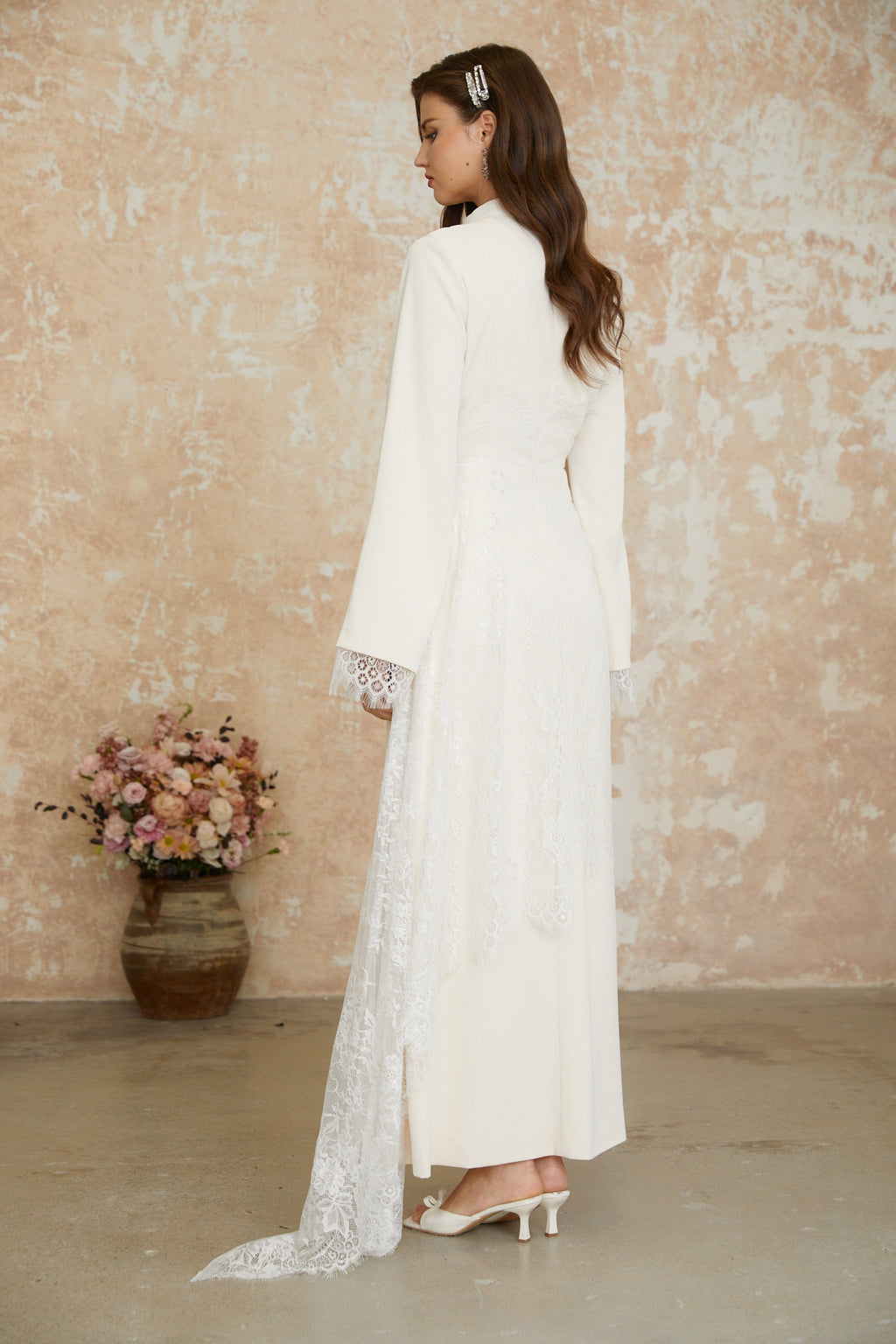 Elysia White Asymmetrical Floral Lace Maxi Dress