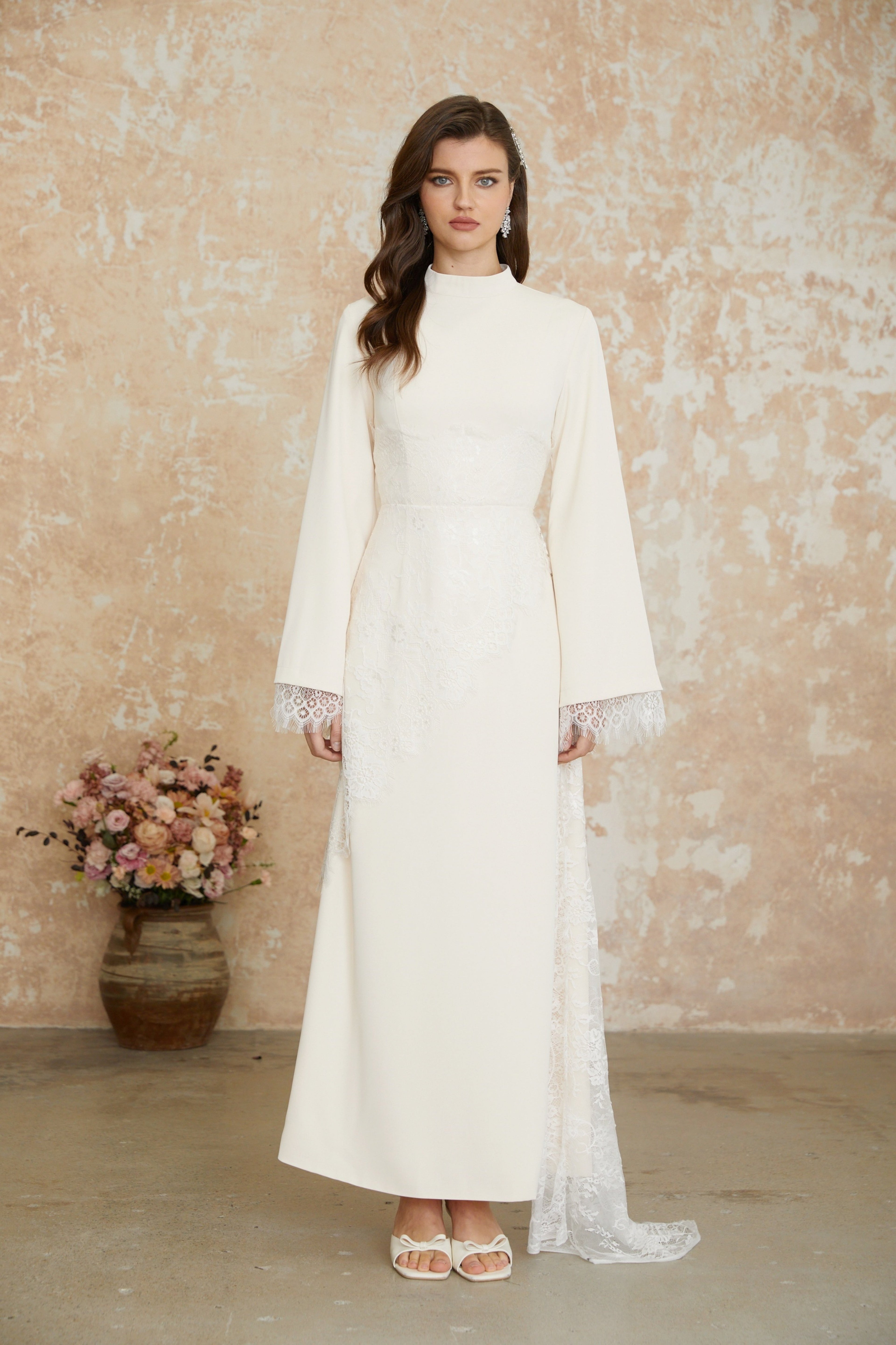 Elysia White Asymmetrical Floral Lace Maxi Dress