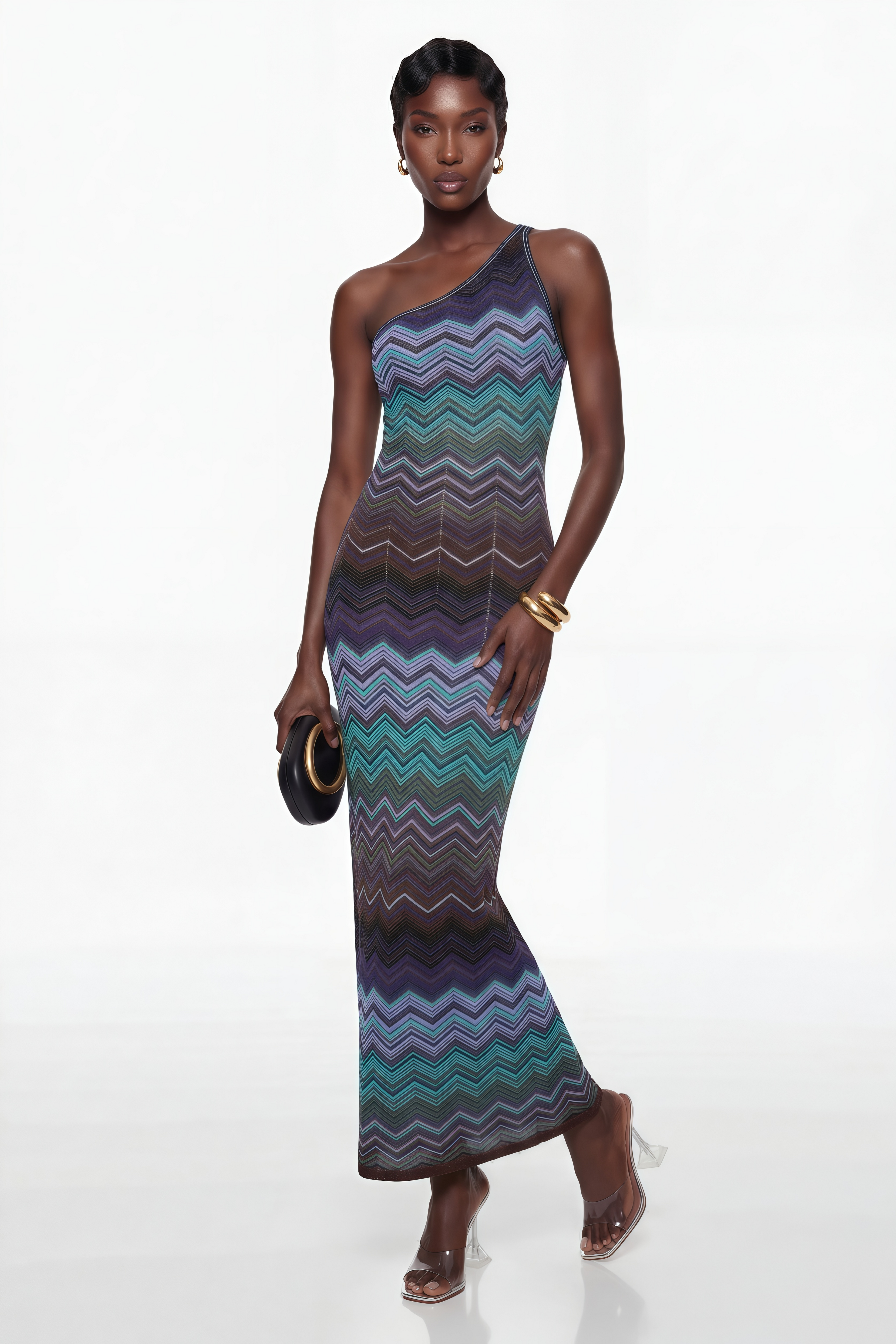 Vestido largo azul de punto de la marca MRMelbourne con patrón de ondas, estilo maxi y diseño elegante.