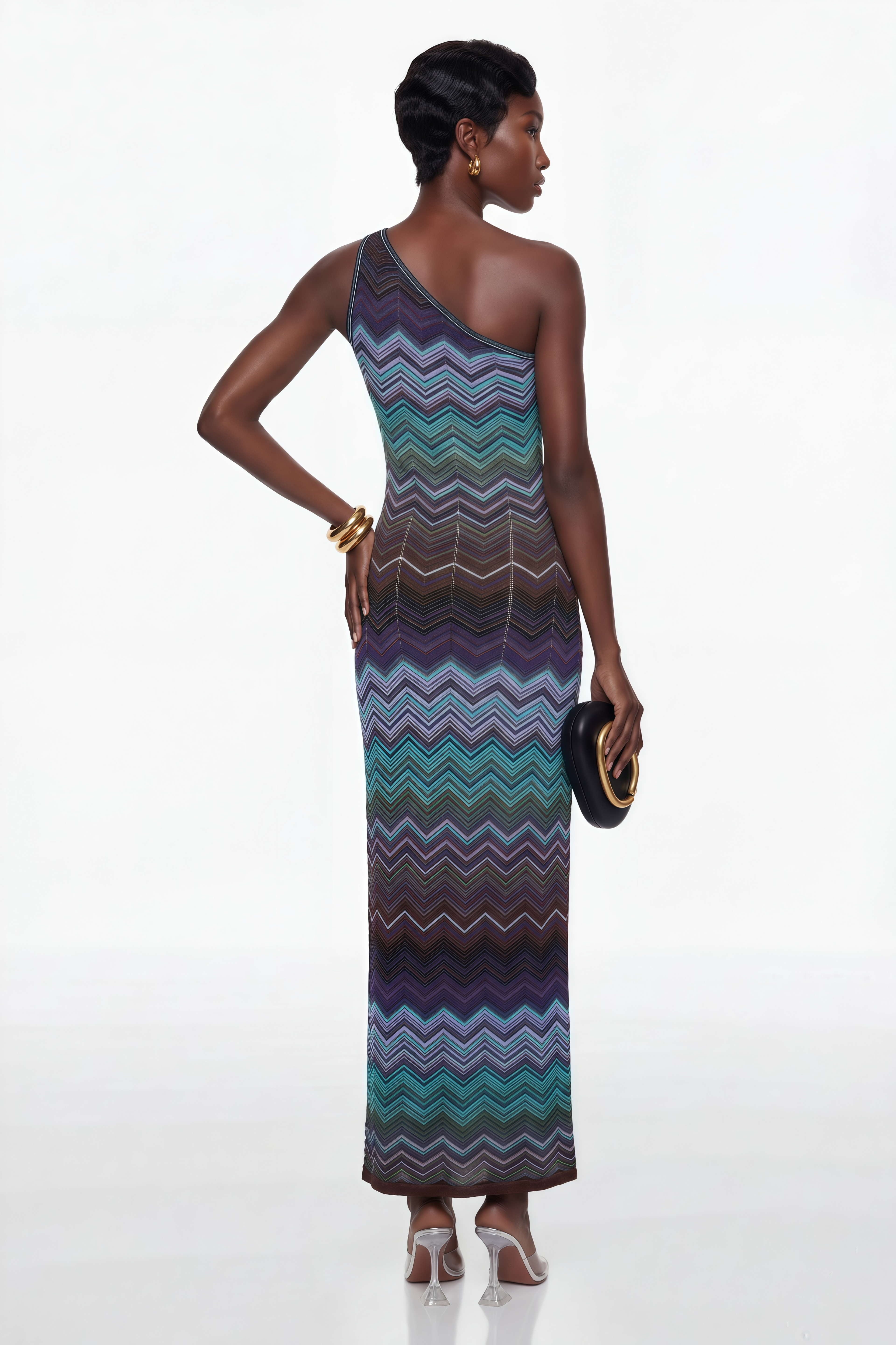 Vestido largo de punto azul Avery de MRMelbourne con patrón de ondas, diseñado para un estilo elegante y cómodo.