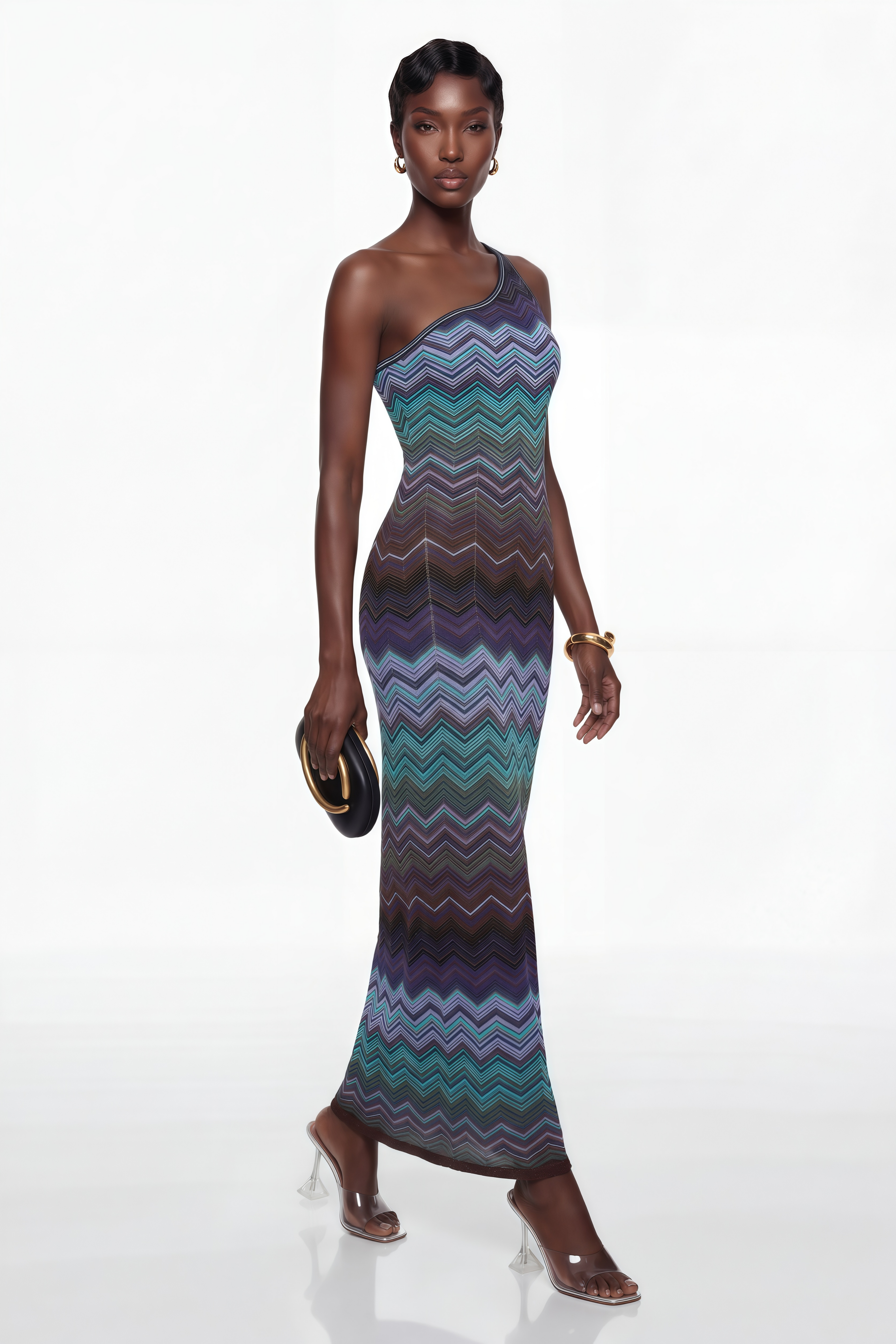 Vestido largo azul de punto con patrón de ondas de MRMelbourne, vestido maxi estilo Avery, muestra el diseño y la textura del tejido.