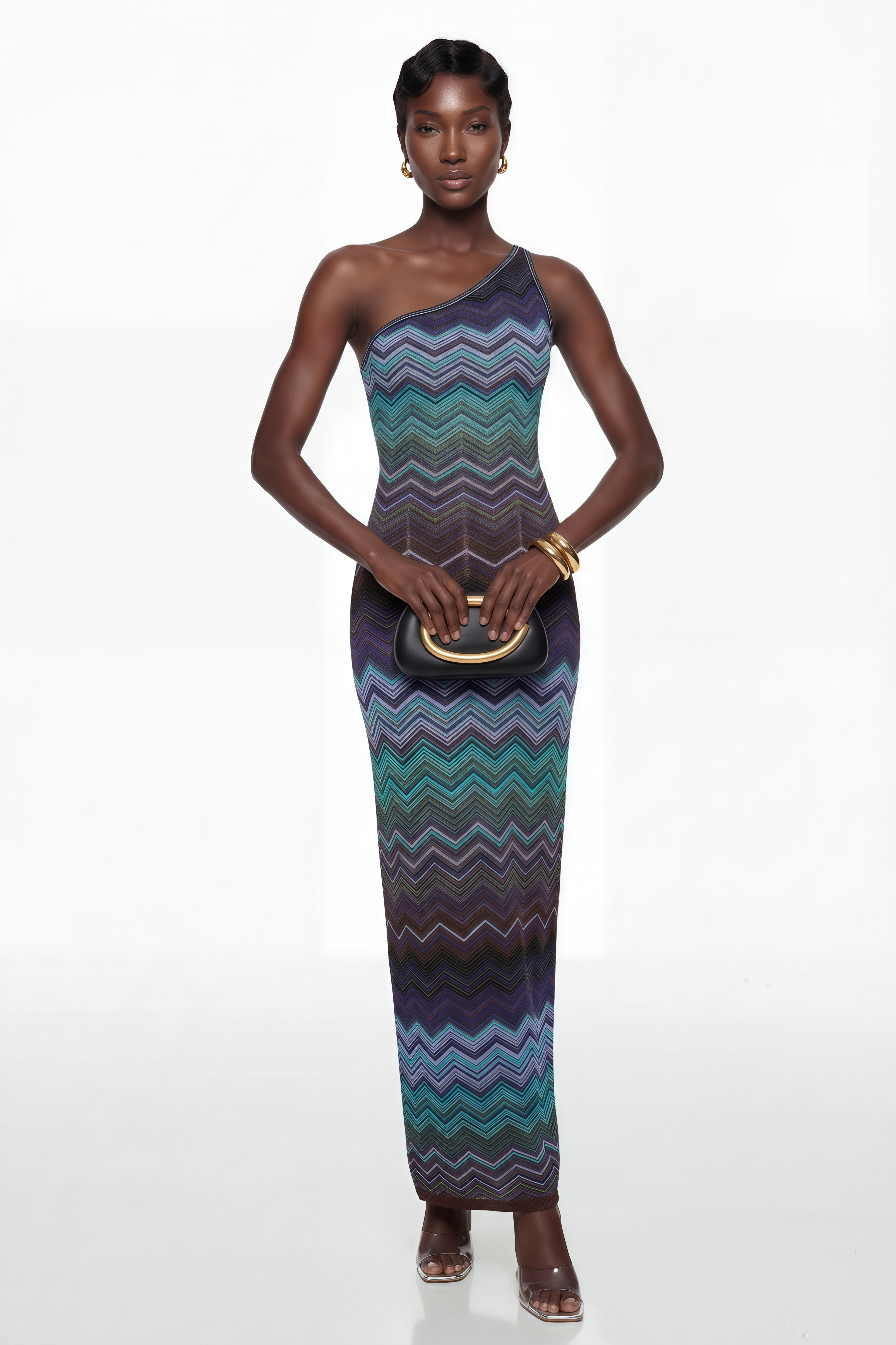 Vestido largo azul de punto con patrón de ondas de la marca MRMelbourne, mostrando el diseño y la textura del tejido.