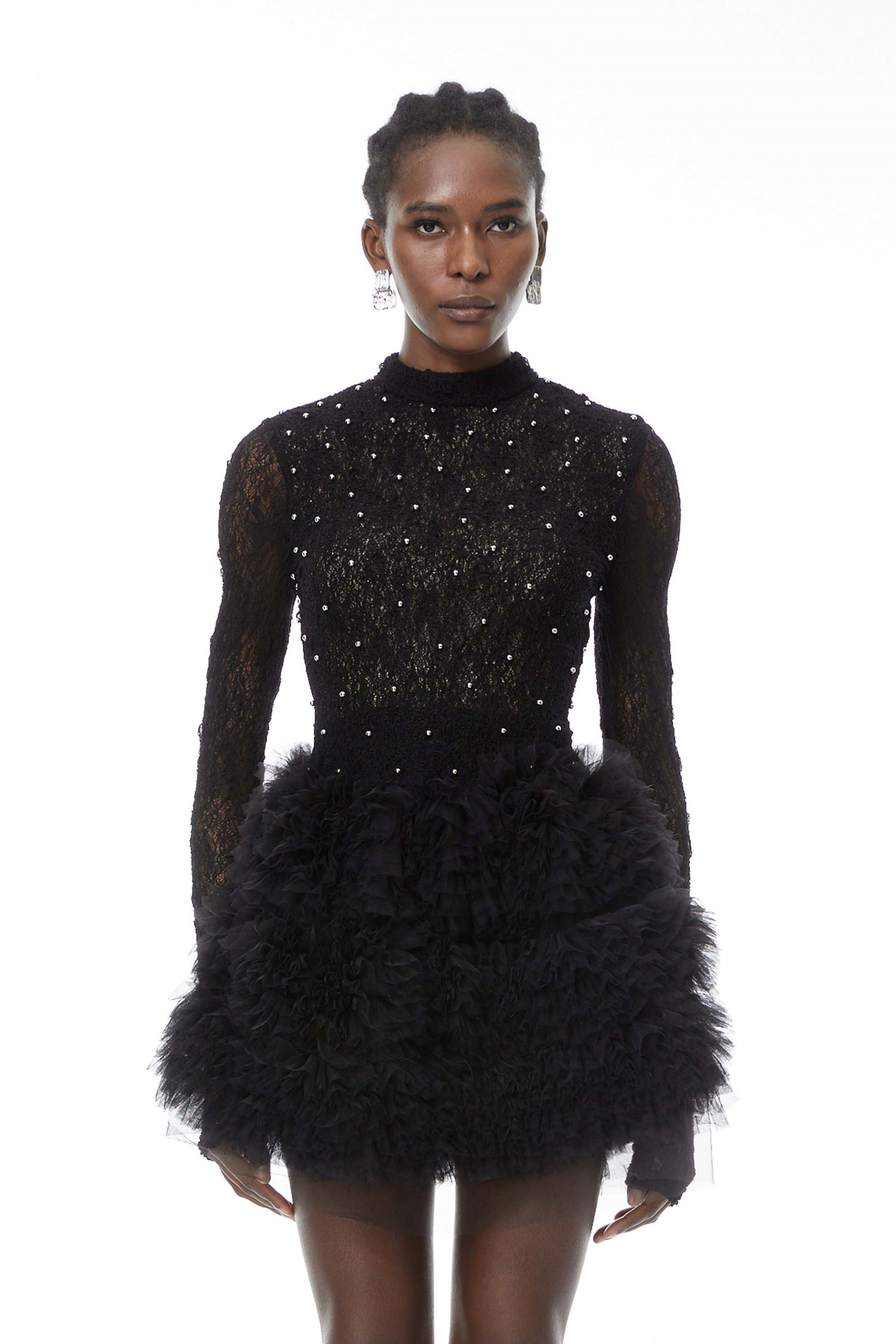 Bernice Black Embellished Tiered Mini Dress