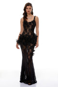 Bloem Black 3D Floral Applique Lace Maxi Dress