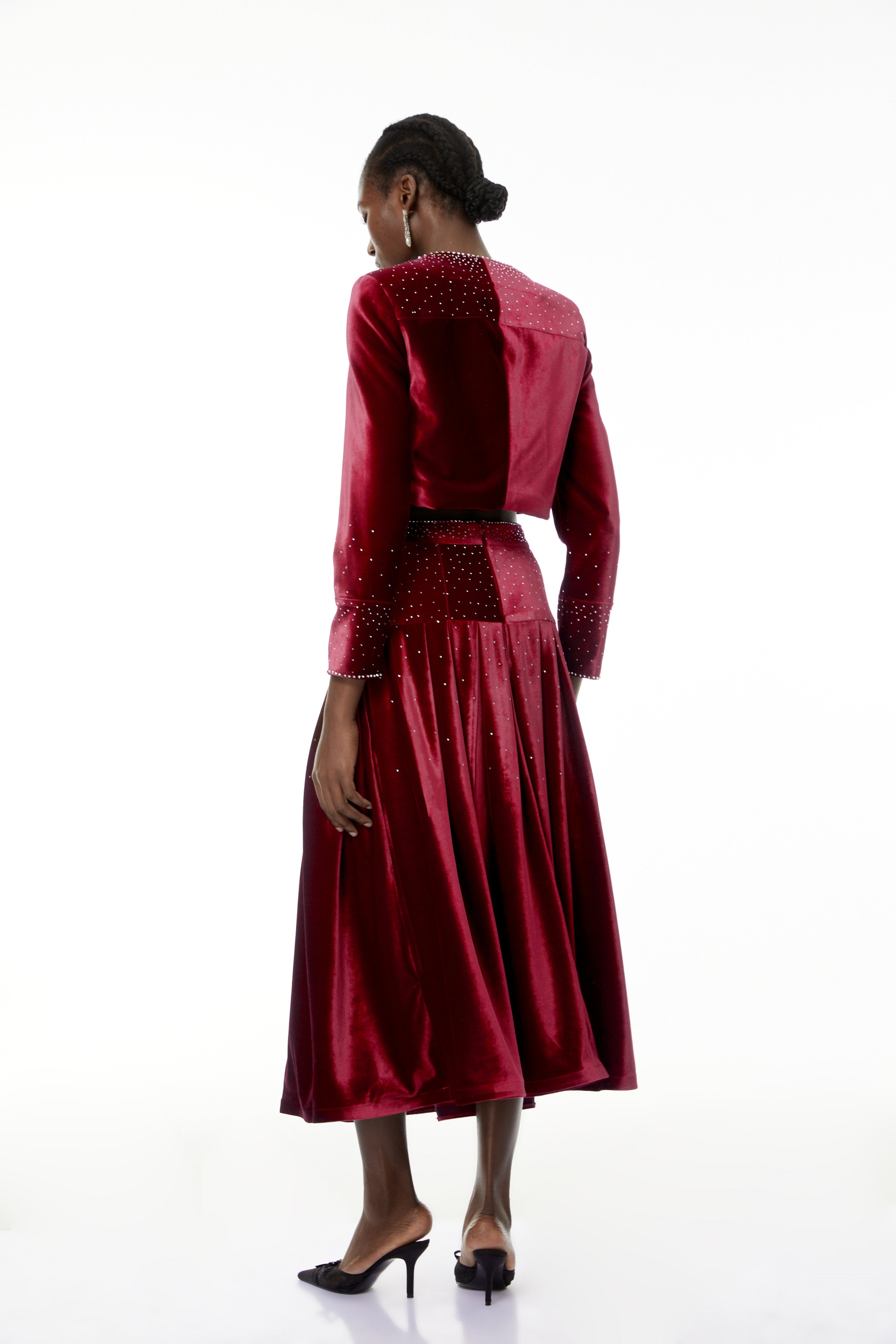 Candela Red Velvet Rhinestone Embellished Jacket & Skirt Set
