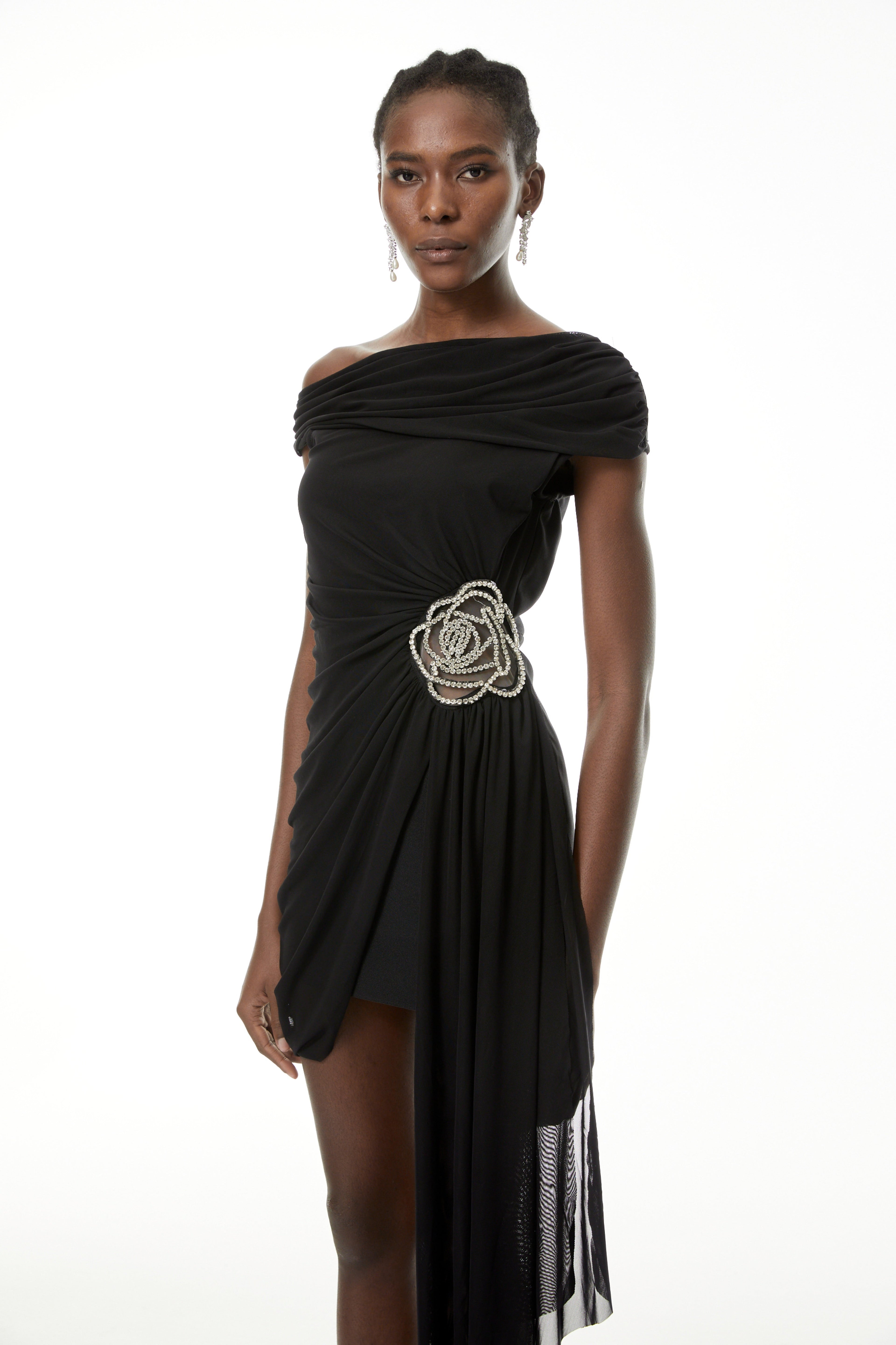 Cecil Black Rhinestone Floral Ruched Mini Dress