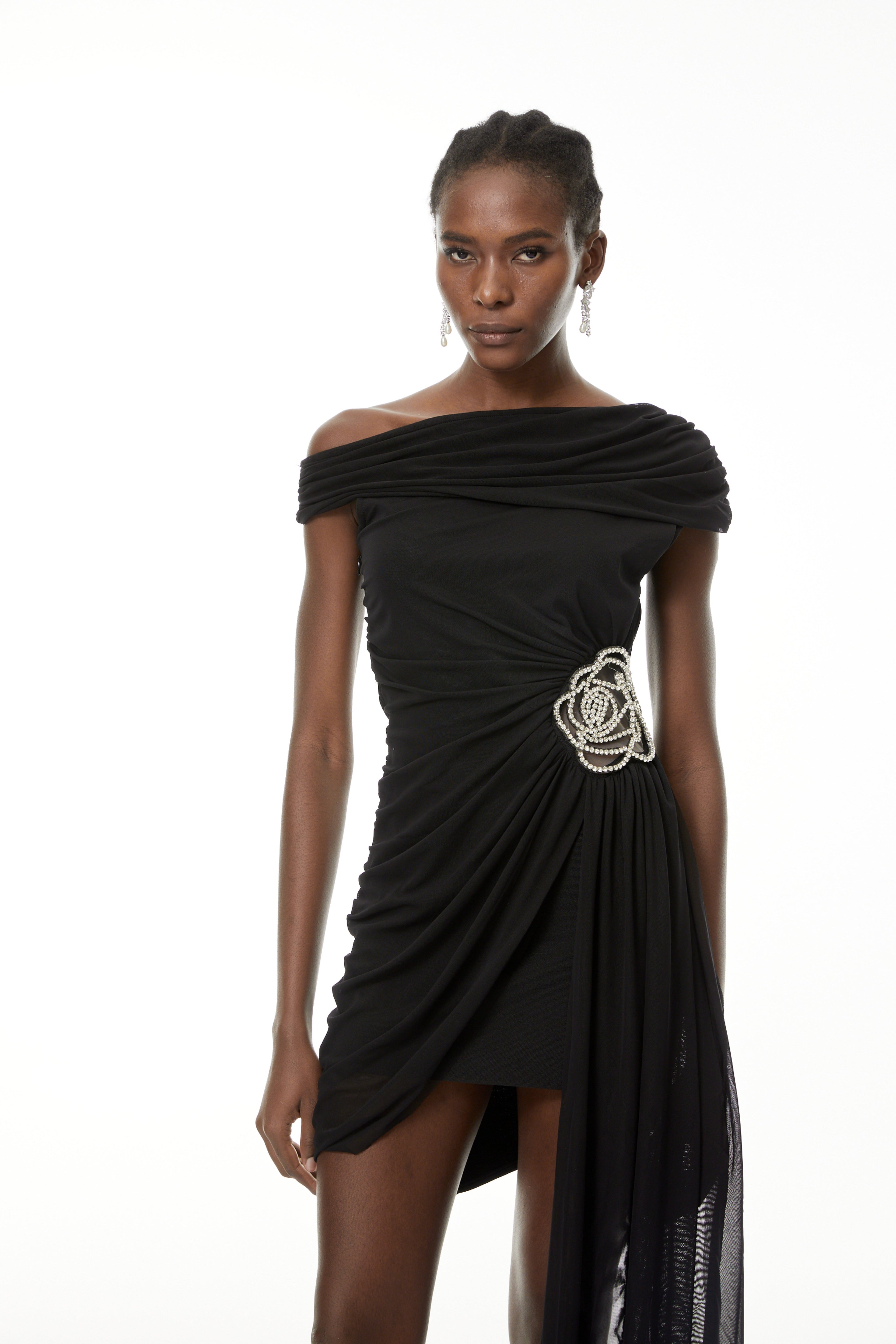 Cecil Black Rhinestone Floral Ruched Mini Dress