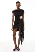 Cecil Black Rhinestone Floral Ruched Mini Dress