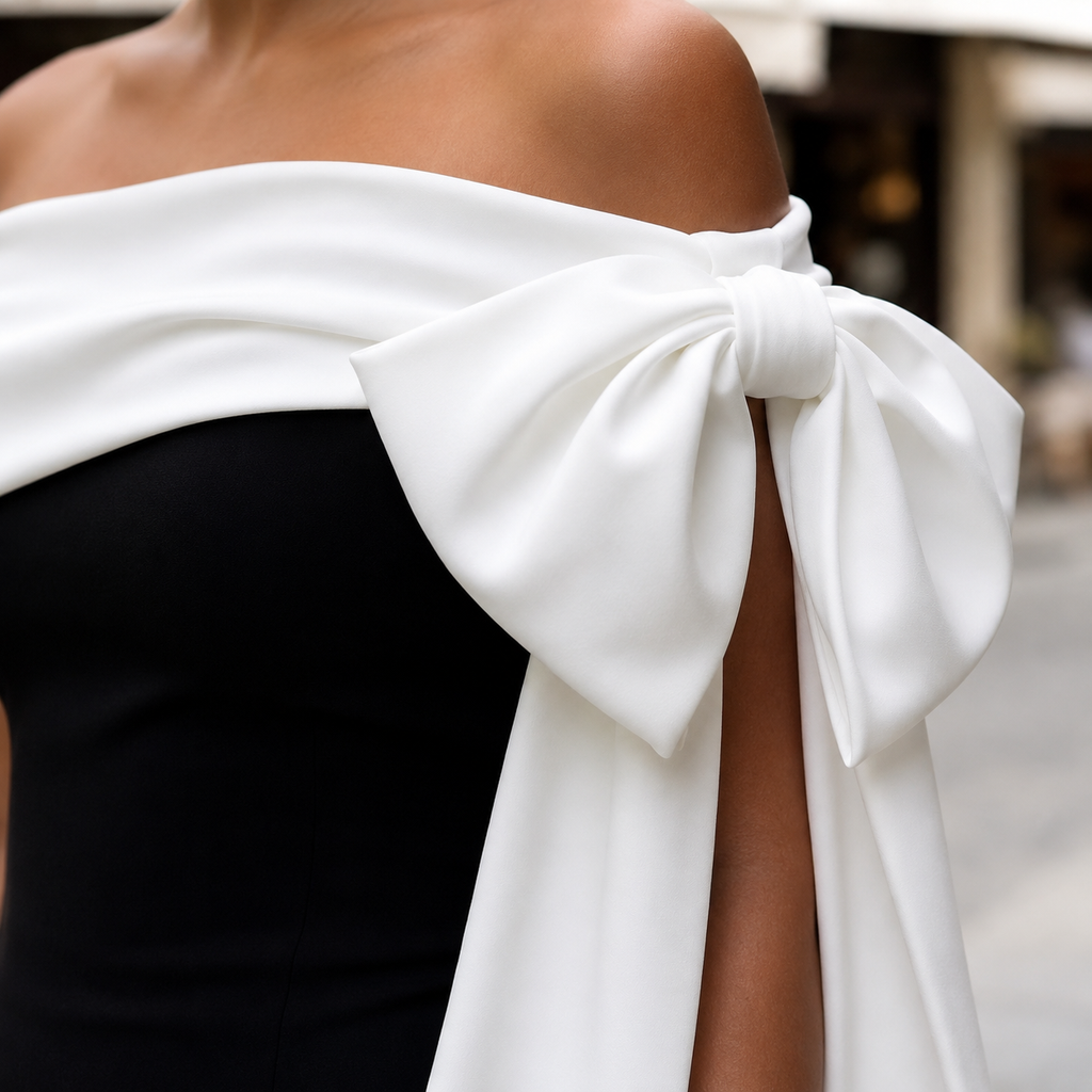 Vestido midi de un hombro con lazo y abertura, estilo Old Money, marca DION NOIR, diseño elegante y sofisticado.