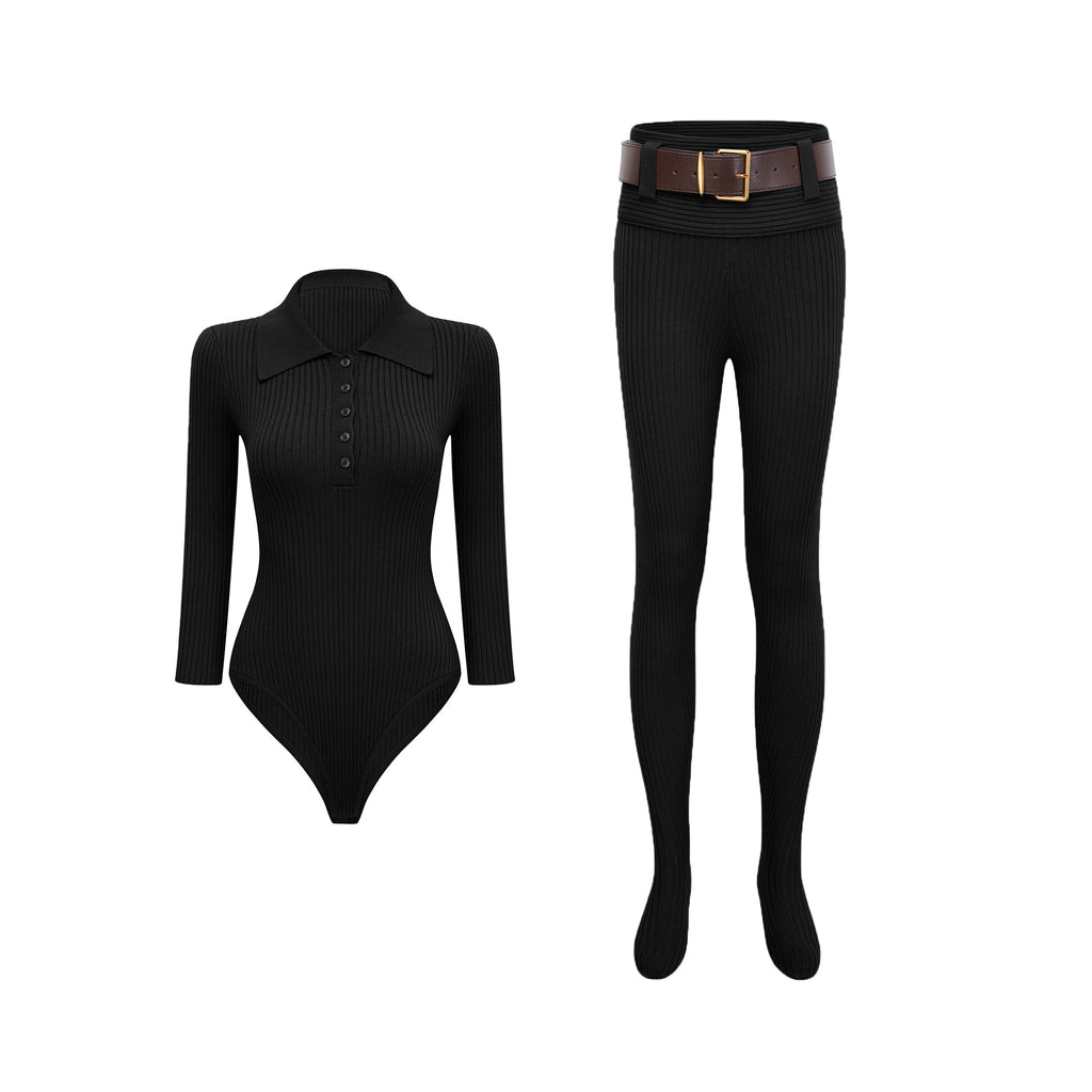 Conjunto de bodysuit y pantalones de punto acanalado negro de Final Sale, estilo ajustado y elegante, en una sola imagen.