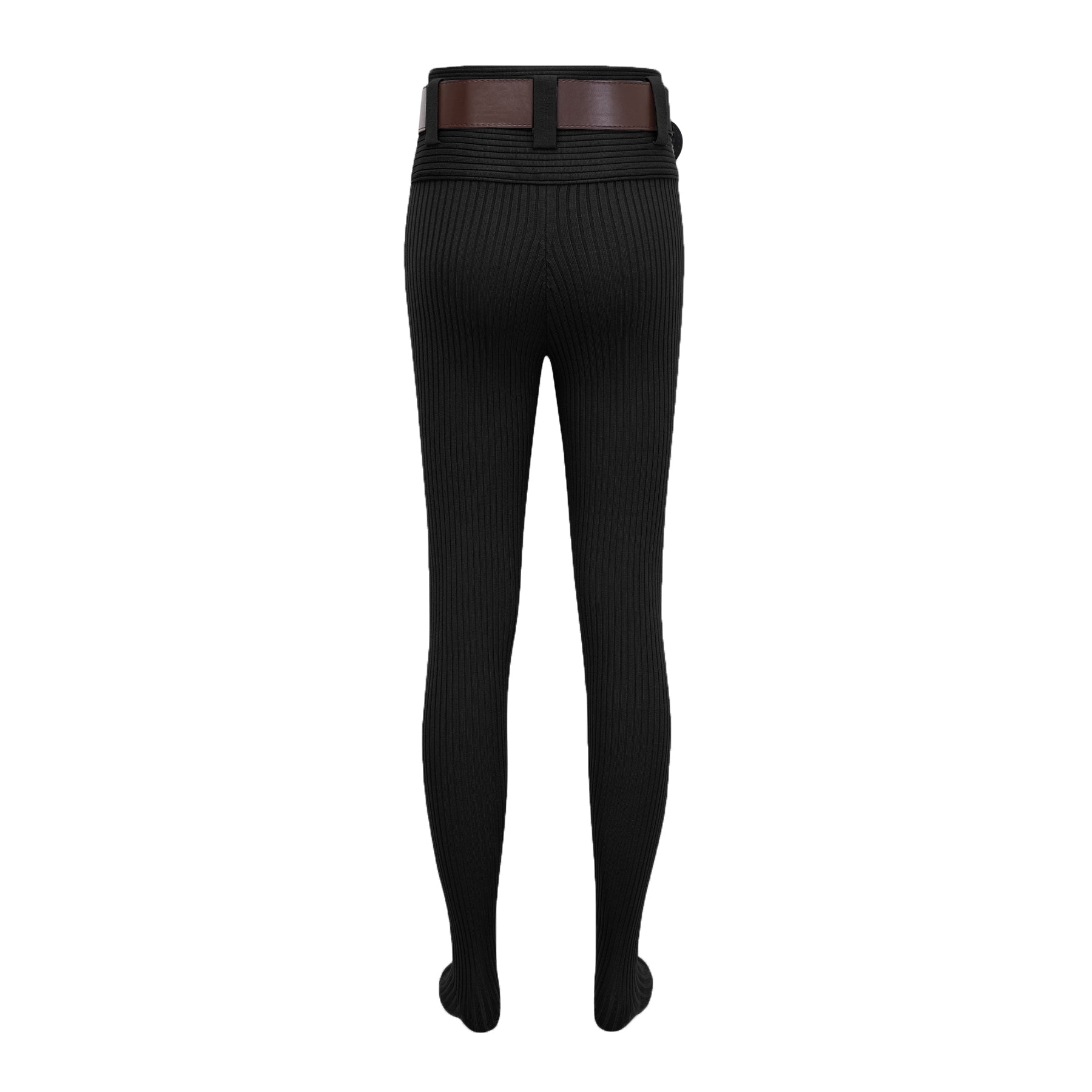 Conjunto de bodysuit y pantalones de punto acanalado negro de Final Sale, estilo ajustado y moderno en la imagen.