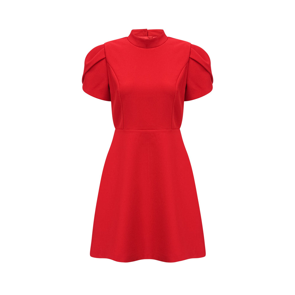 Vestido mini rojo con mangas de pétalos y lazo en el escote, estilo corte con abertura, de la marca Final Sale.