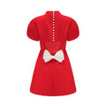 Vestido mini rojo con mangas de pétalos y lazo en el escote, de la marca Final Sale, para un estilo elegante y moderno.