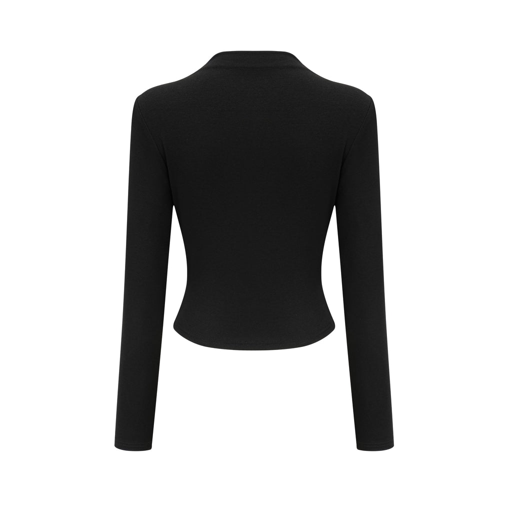 Top negro abierto Anaïs Black con fruncido y manga larga, estilo casual y elegante, para mujer, en imagen frontal.