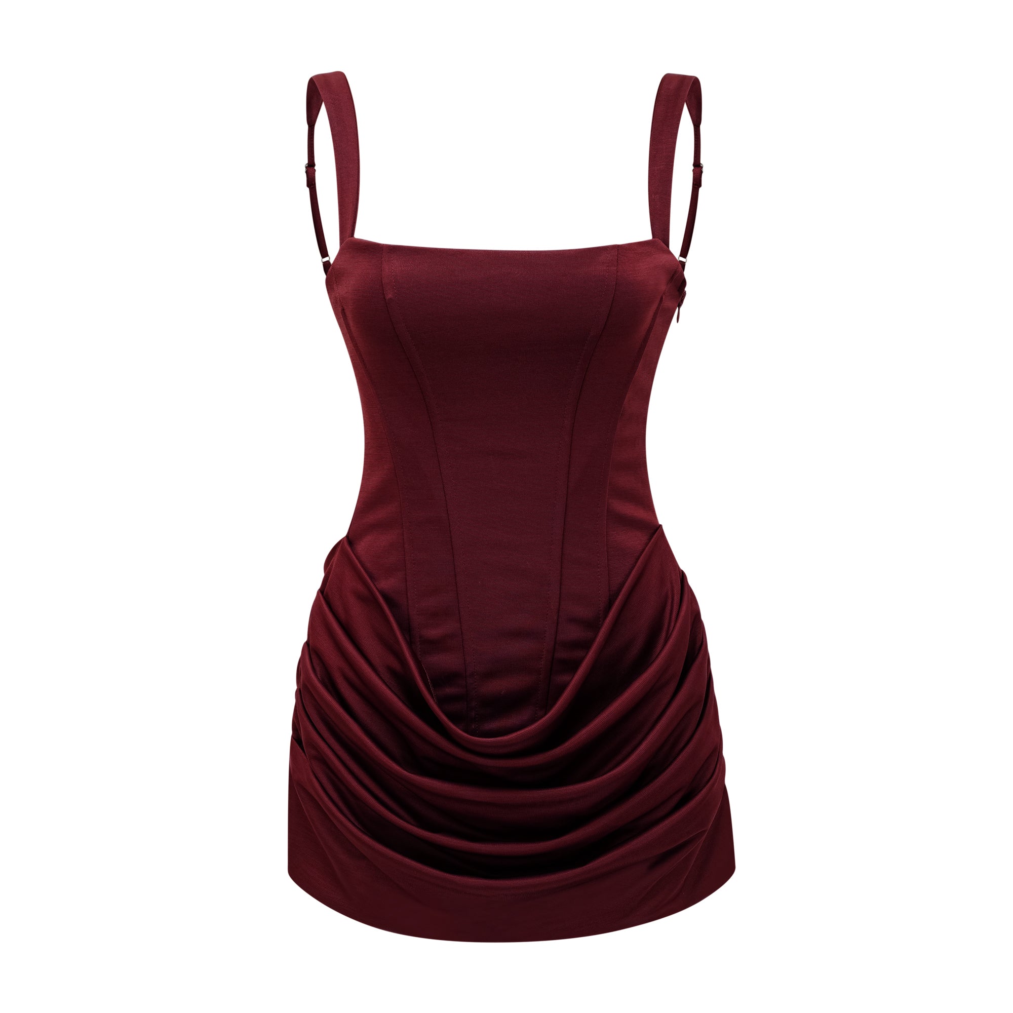 Vestido corto rojo de novia con fruncido, ajuste ceñido y estilo bodycon, diseñado por Bridal.