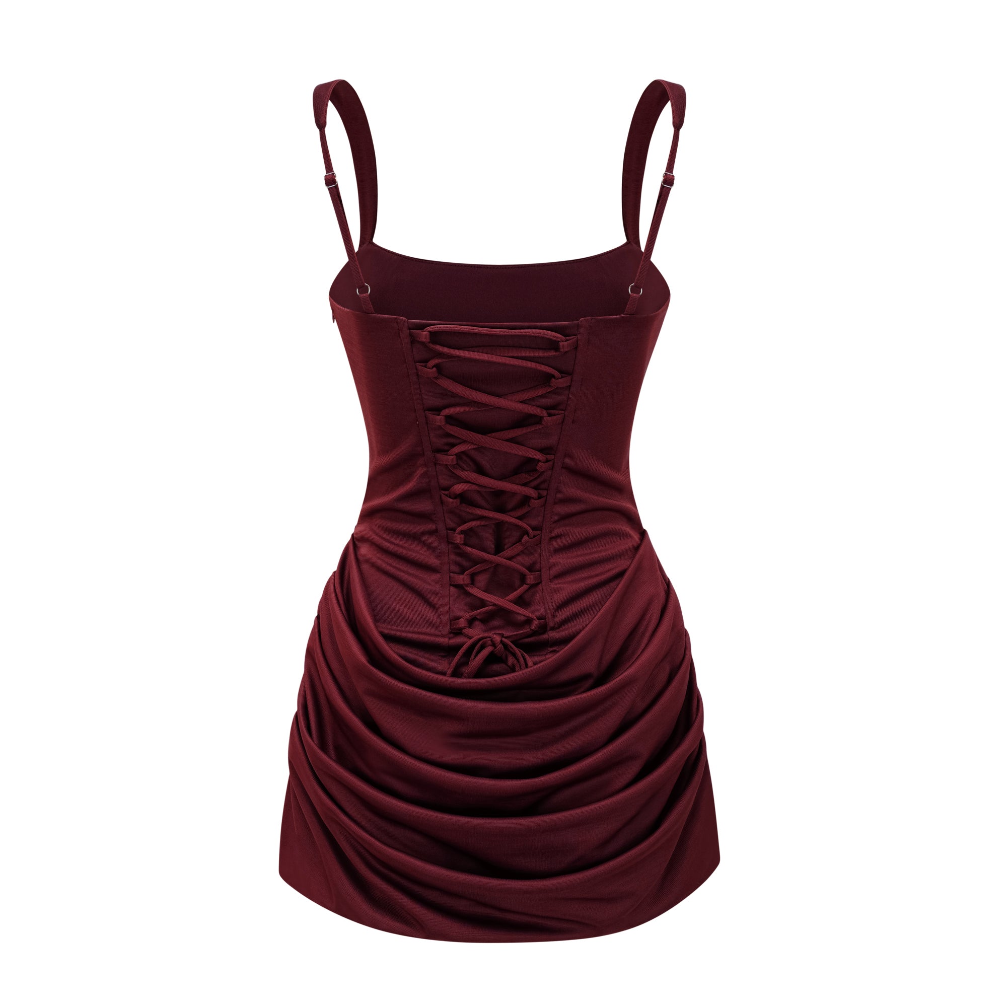Vestido mini ajustado rojo Paulette de Bridal, con detalles fruncidos y diseño de cuerpo ceñido, ideal para ocasiones elegantes.