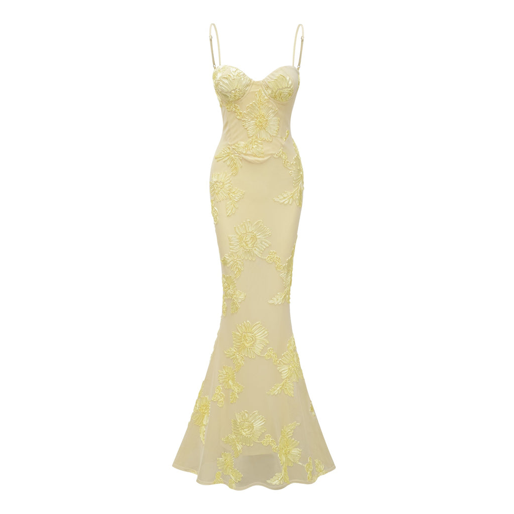 Vestido largo de corsé maxi Théoline amarillo con aplicaciones florales, estilo floral y elegante para ocasiones especiales.