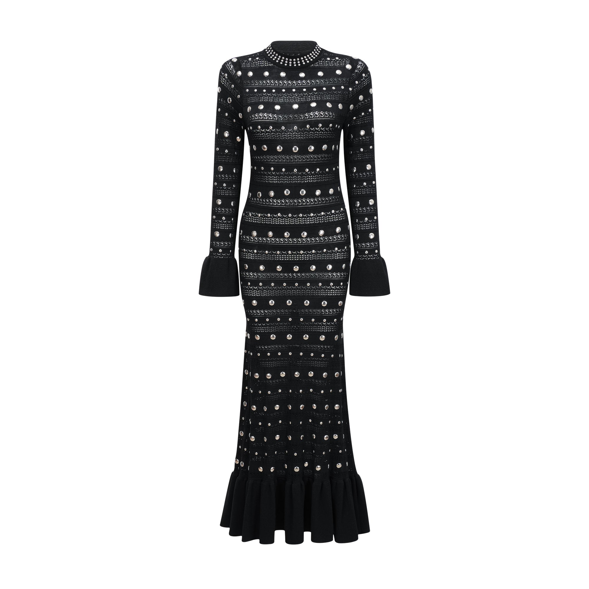 Vestido midi negro de manga larga con bordados y detalles de tachuelas de la marca Bridal, hecho a crochet.