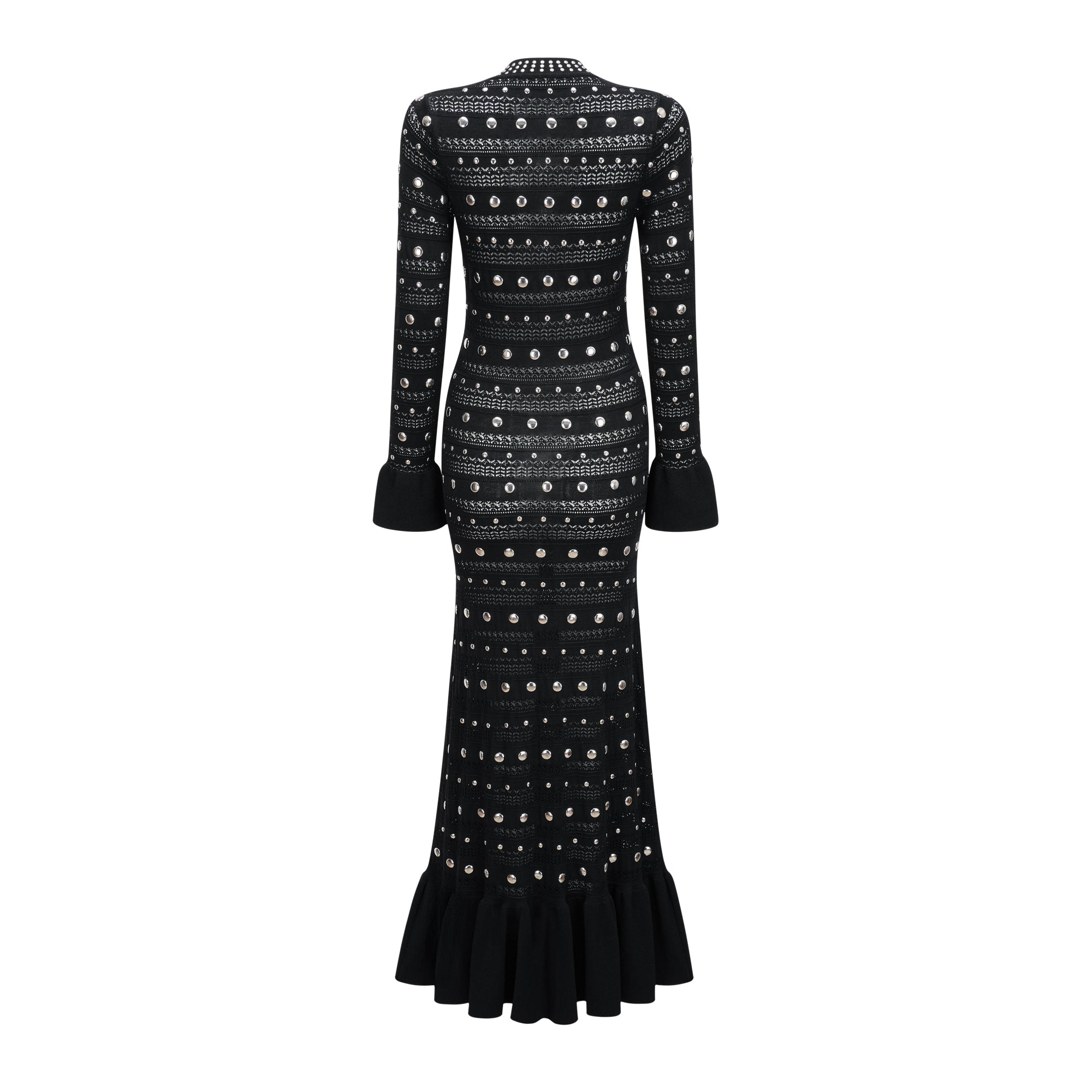 Vestido midi negro de encaje con manga larga y pedrería de la marca Bridal, con tejido crochet y detalles elegantes.