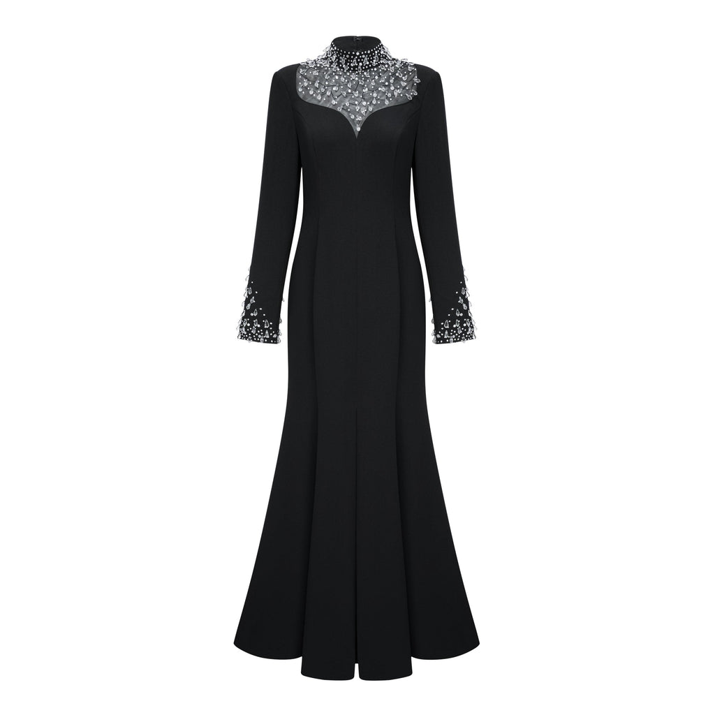 Vestido largo negro de novia Oona con adornos y estilo sirena, con falda acampanada y detalles elegantes en la parte superior.