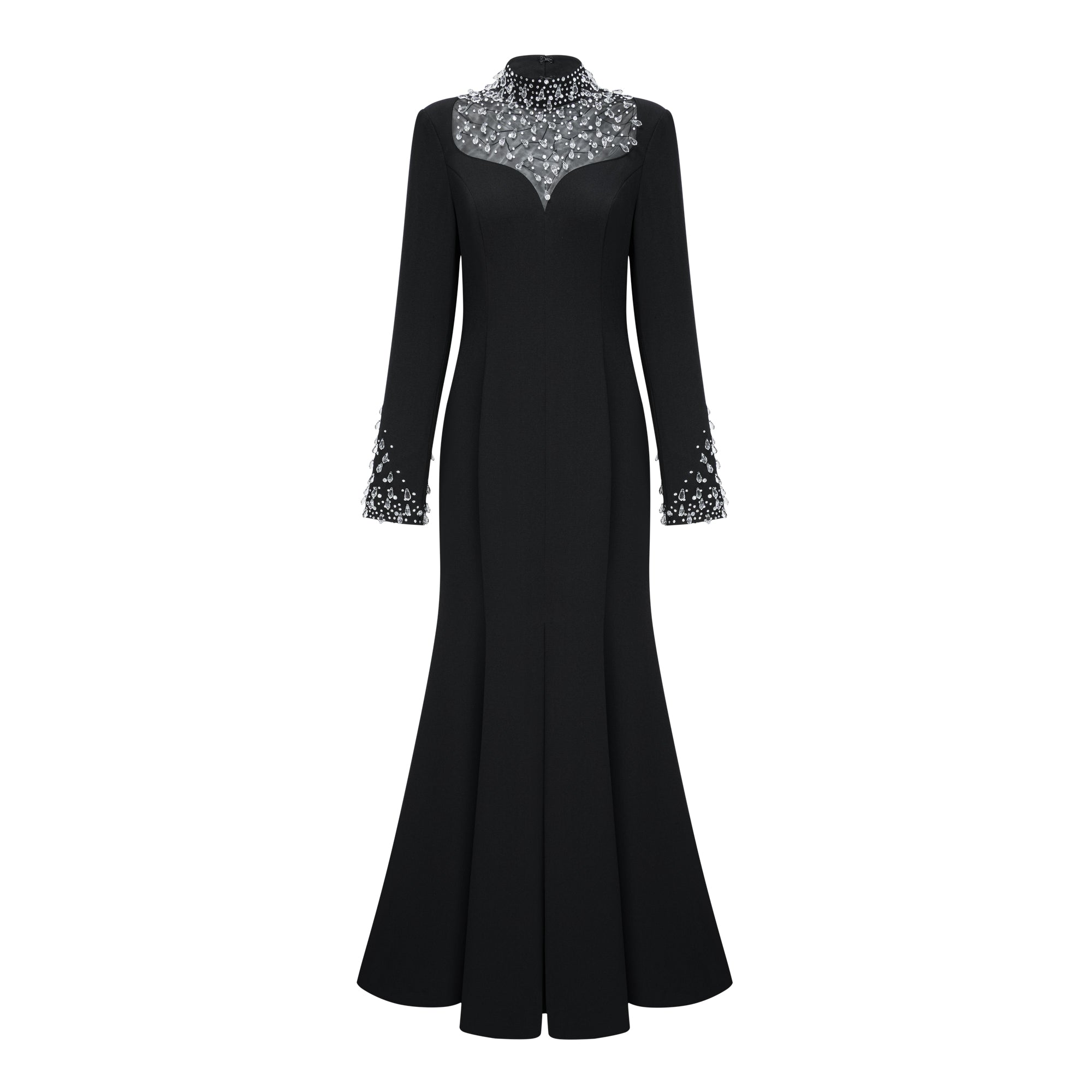 Vestido largo negro de novia Oona con adornos y estilo sirena, con falda acampanada y detalles elegantes en la parte superior.