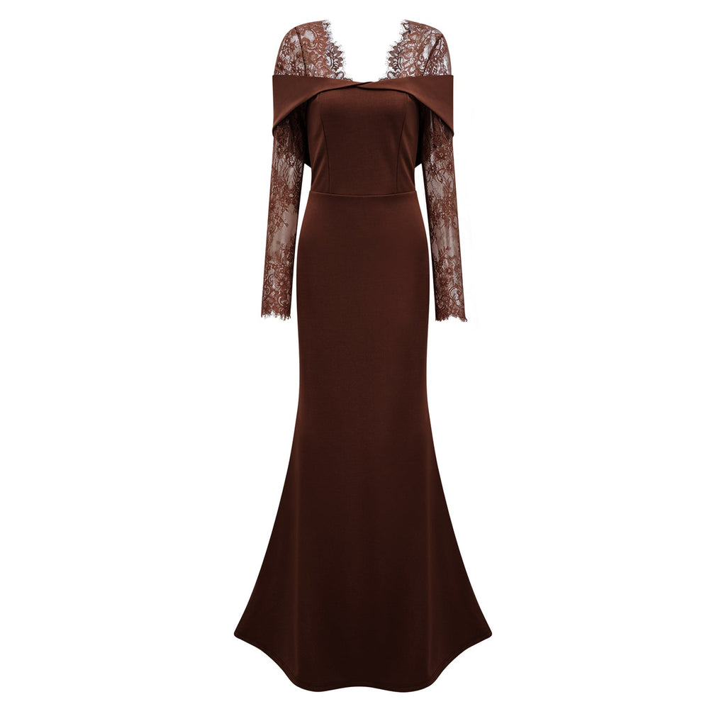 Georgiana Brown Lace Panel Flared Maxi Gown