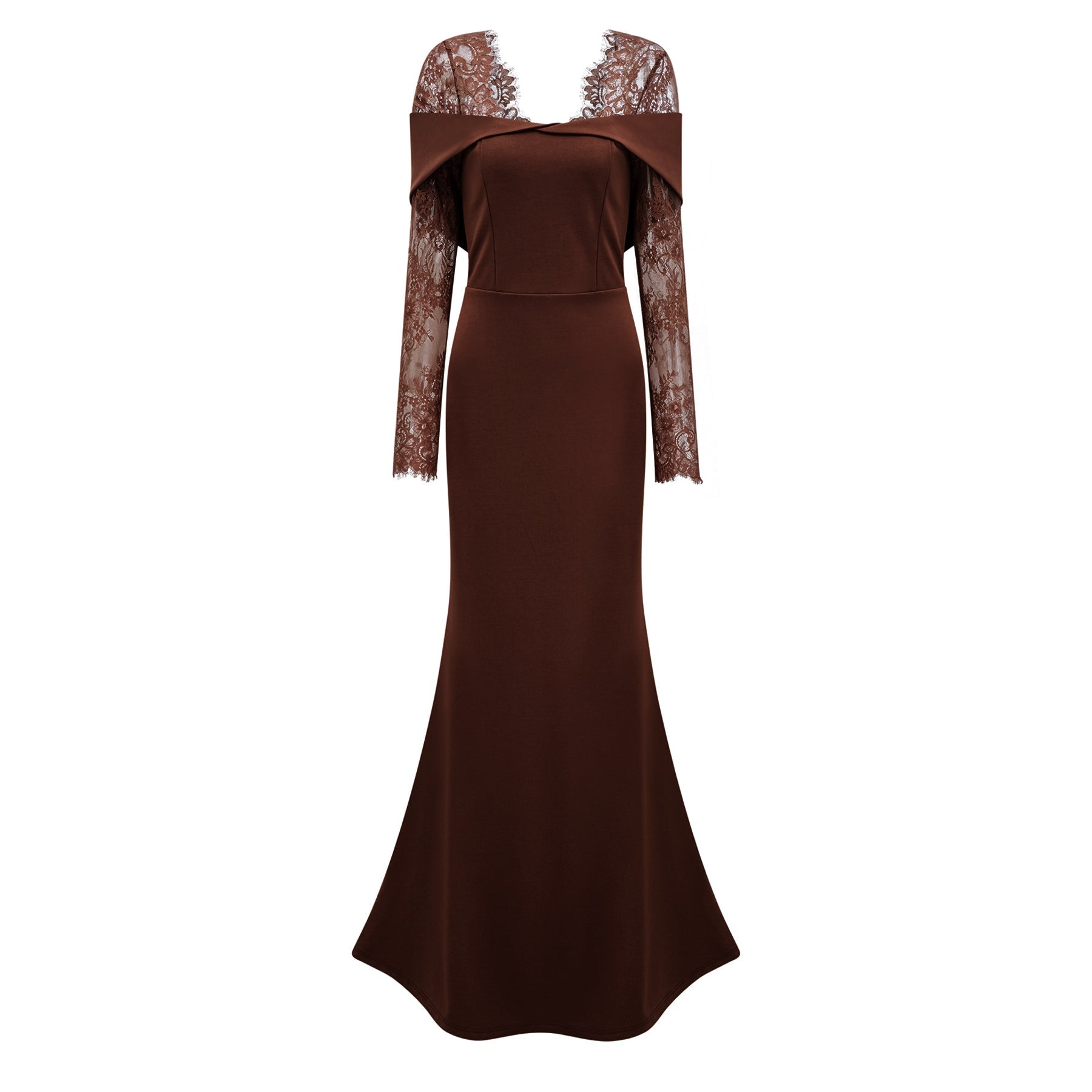 Vestido largo de novia Georgiana con paneles de encaje marrón y falda acampanada, elegante y sofisticado.