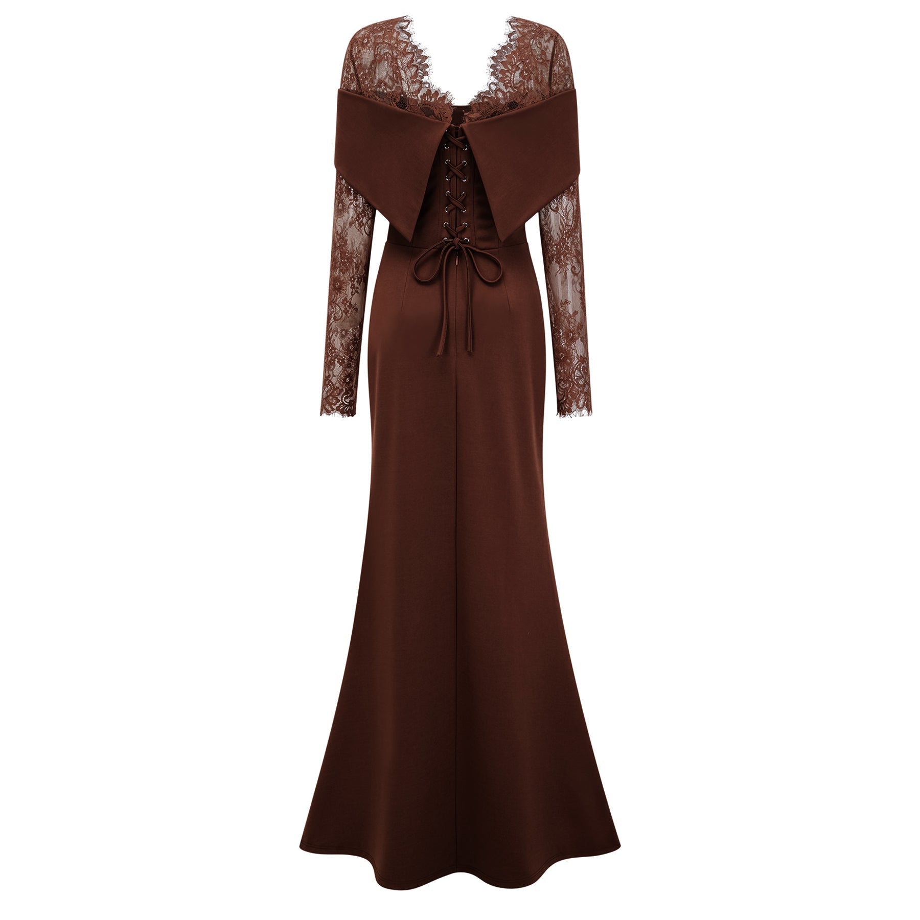 Vestido de novia Georgiana marrón con panel de encaje y falda maxi acampanada, diseño elegante y sofisticado.
