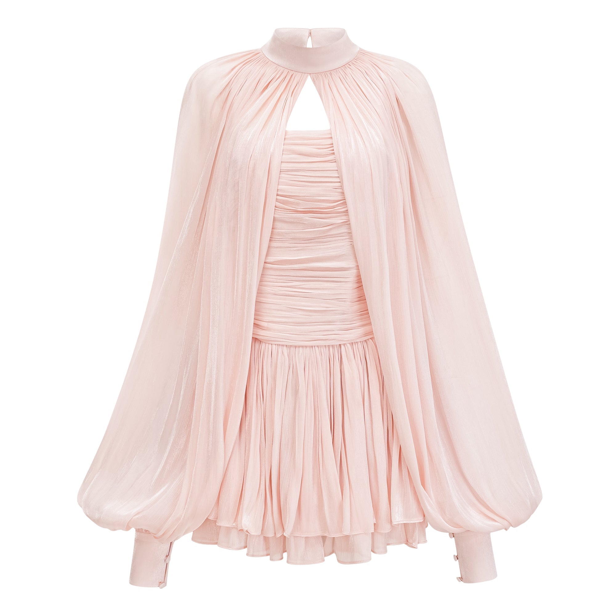 Conjunto de capa y vestido rosa brillante Bridal Bernice, con detalles elegantes y acabado glossy en imagen.