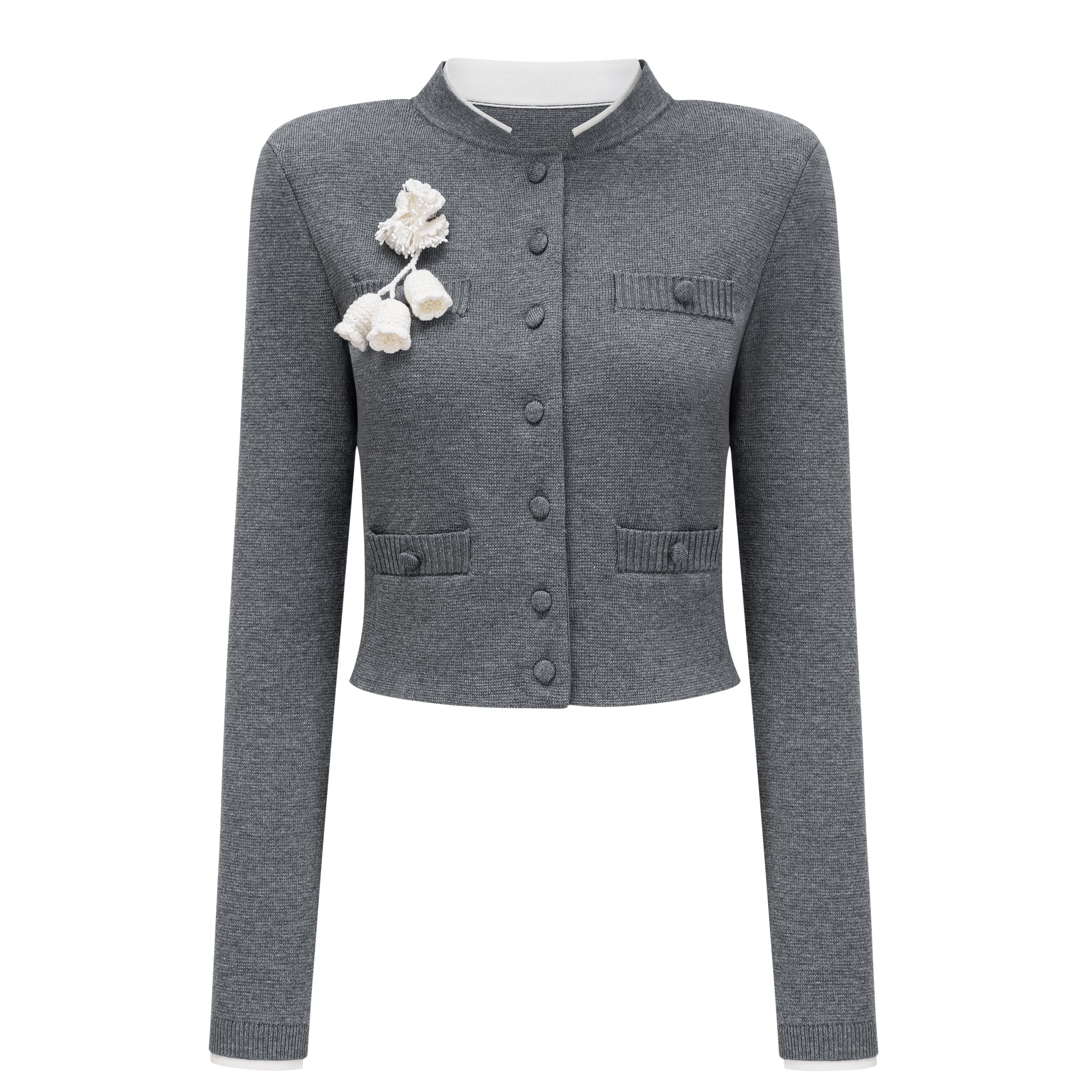 Chaqueta de punto gris Lisette 3D Petal de Final Sale, con diseño de pétalos en textura suave y ajuste cómodo.
