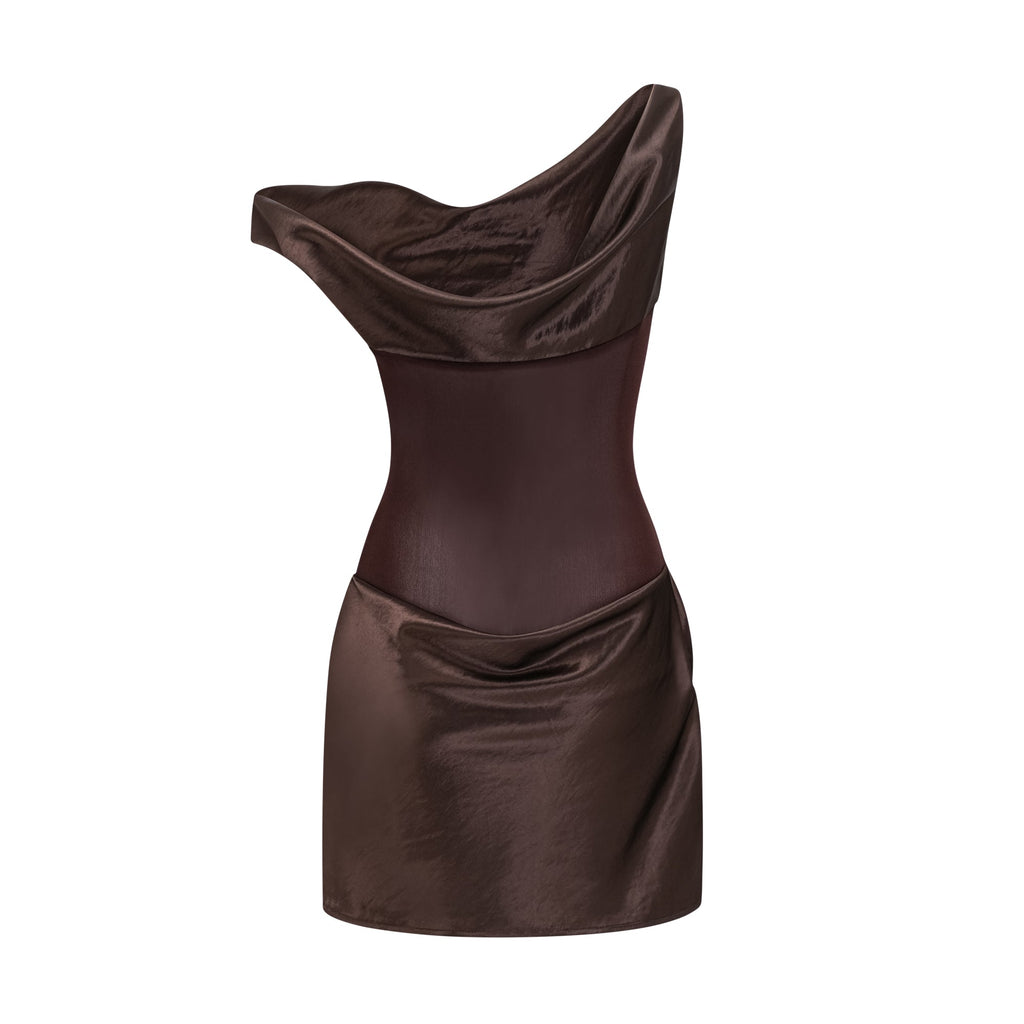 Pernilla Brown One Shoulder Satin Mini Dress (Final Sale-US Only)