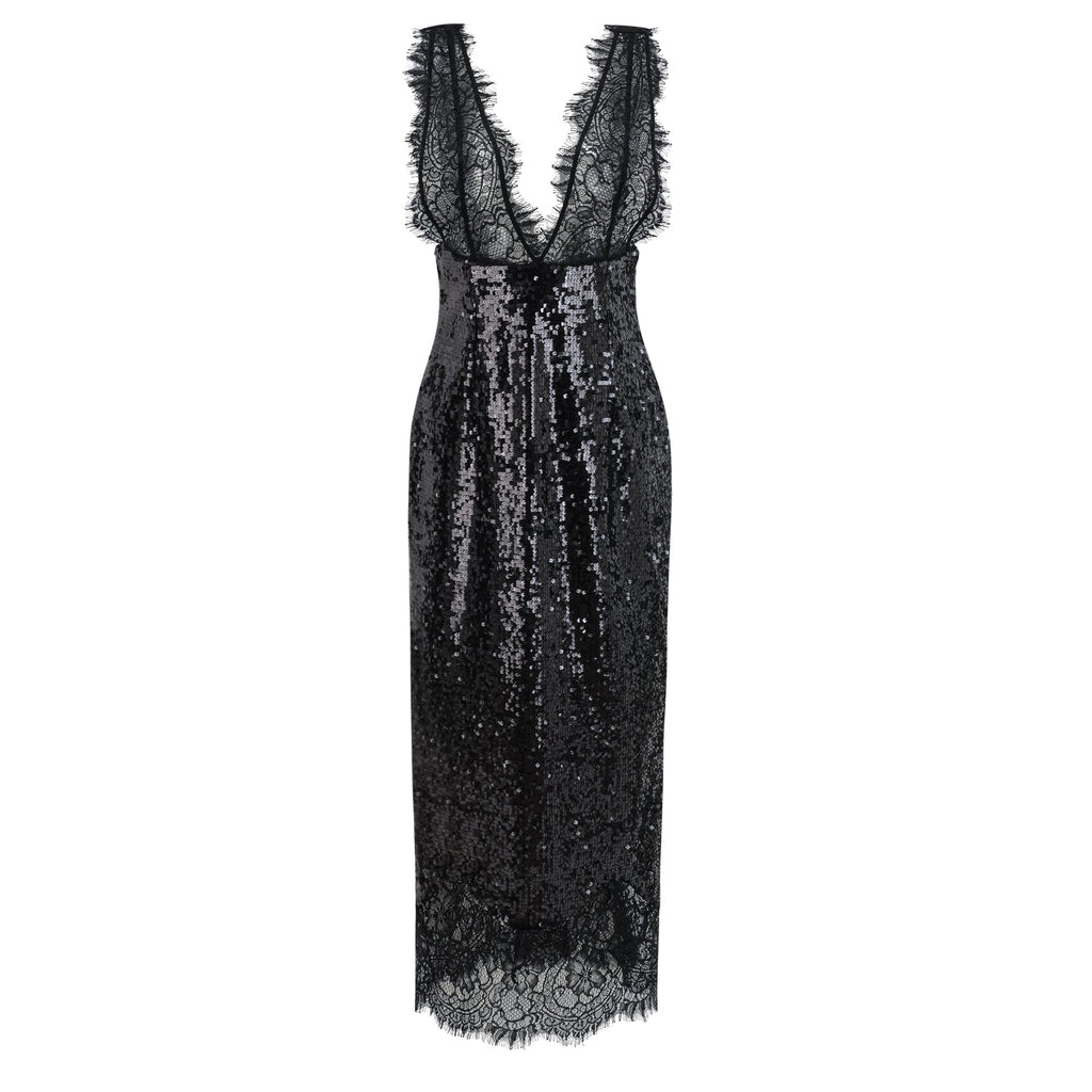 Vestido maxi negro de encaje y lentejuelas Ava, estilo elegante con paneles de encaje y detalles brillantes.