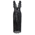 Vestido maxi negro de encaje y lentejuelas Ava, estilo elegante con paneles de encaje y detalles brillantes.