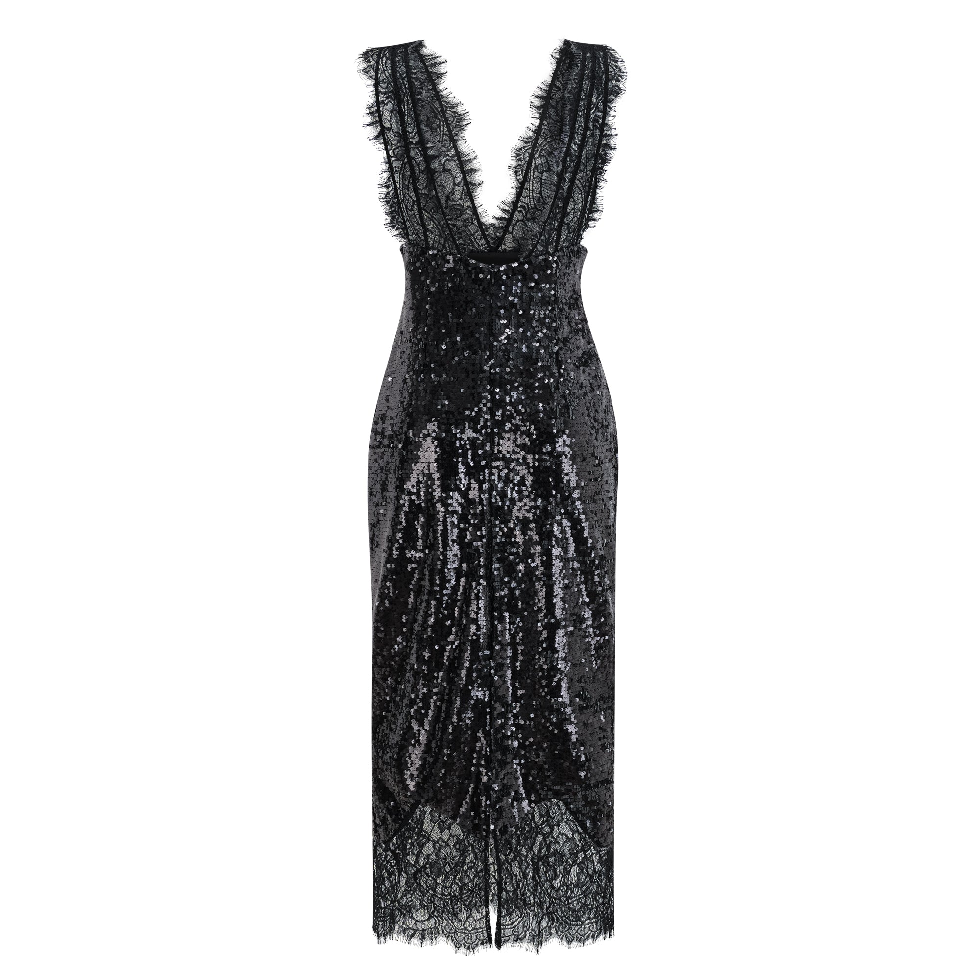 Vestido largo de encaje negro con paneles de lentejuelas de la marca Final Sale, mostrando detalles elegantes y brillos en la imagen.