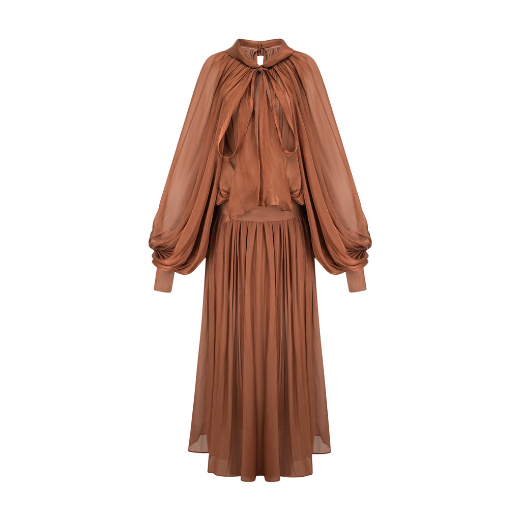 Mila Brown Pleated Satin Maxi Dress (Final Sale-US Only)