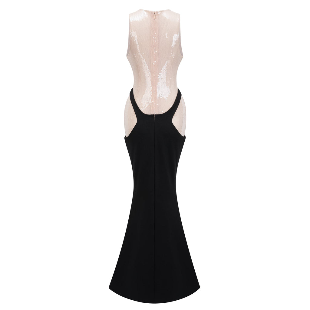 Vestido largo de noche Uranie en color negro con paneles y lentejuelas, vestido corsé maxi de la marca Final Sale.