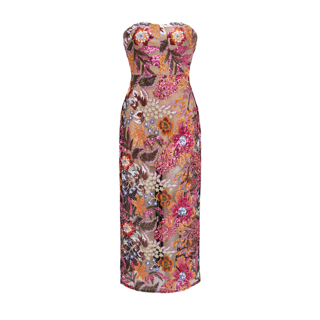 Vestido midi de encaje con lentejuelas y bordados florales coloridos de la marca Final Sale, vista frontal en la imagen.