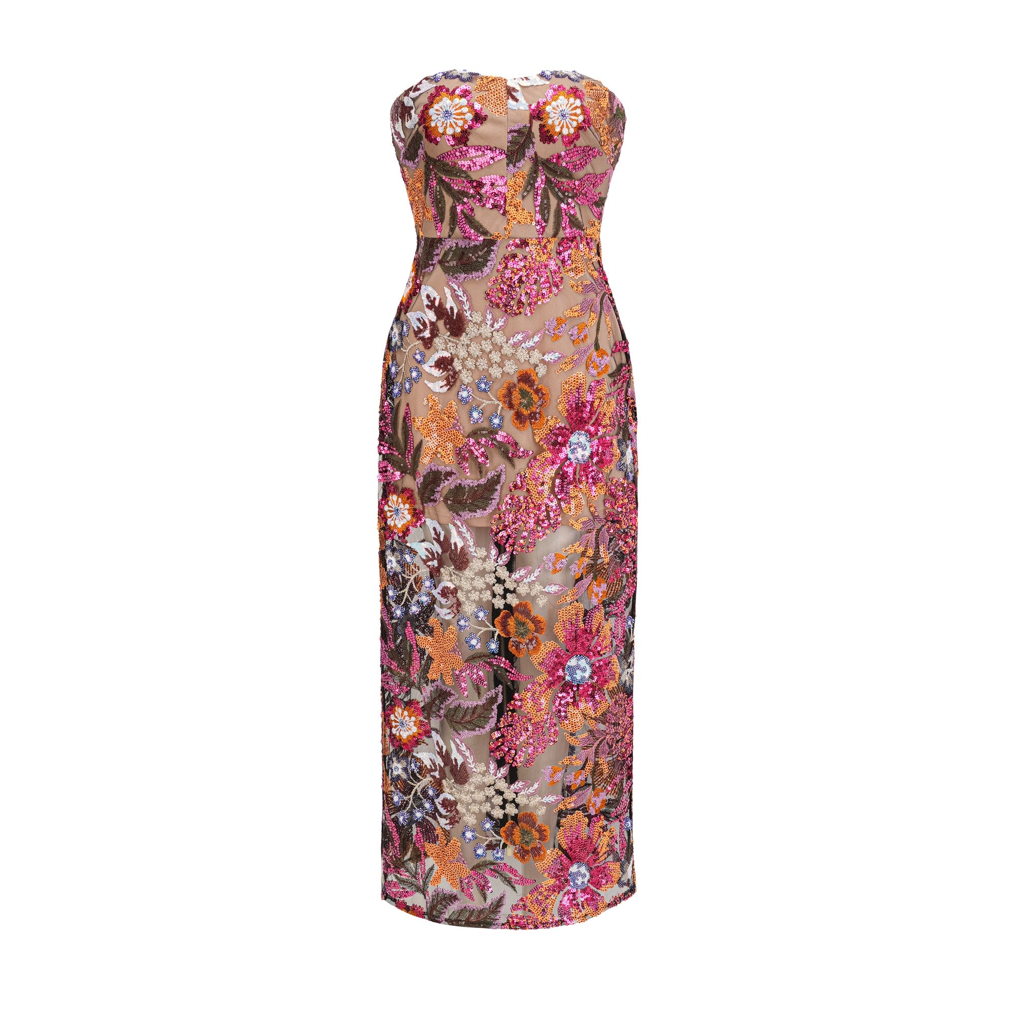 Vestido midi de encaje con lentejuelas y bordados florales coloridos de la marca Final Sale, vista frontal en la imagen.