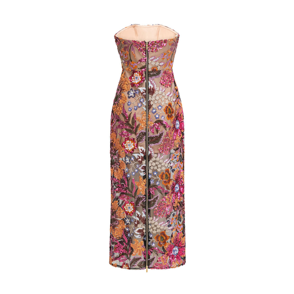Vestido midi colorido de flores con bordado y lentejuelas, estilo floral, de la marca Final Sale, en color vibrante.
