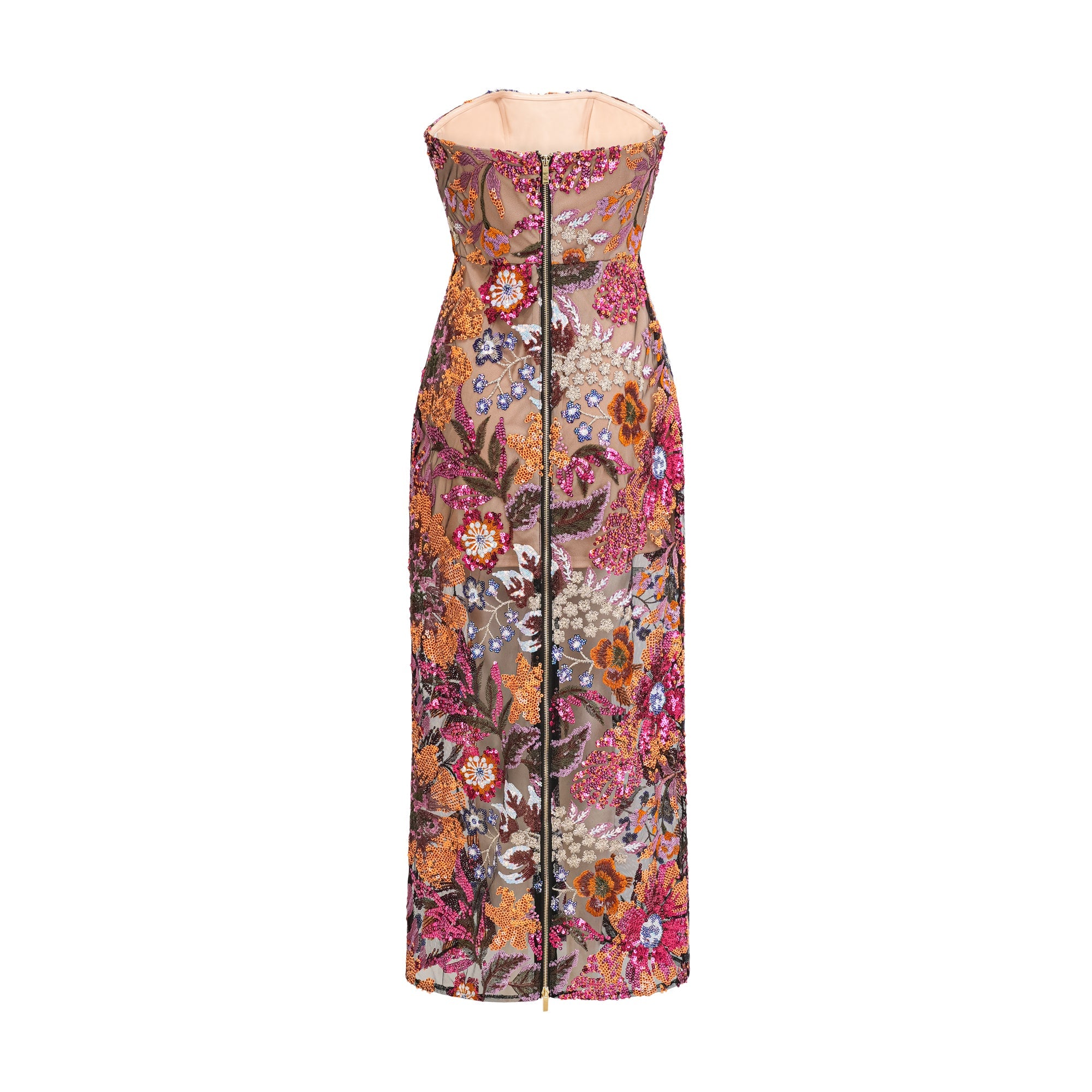 Vestido midi colorido de flores con bordado y lentejuelas, estilo floral, de la marca Final Sale, en color vibrante.