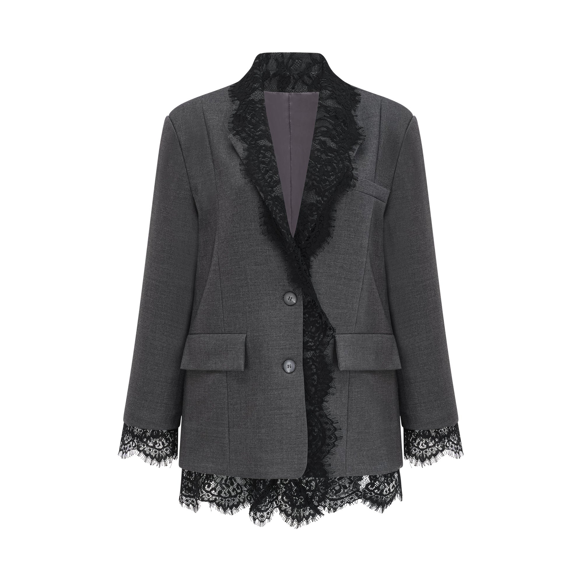 Blazer gris con paneles de encaje de la marca Final Sale, vista frontal en imagen de producto.