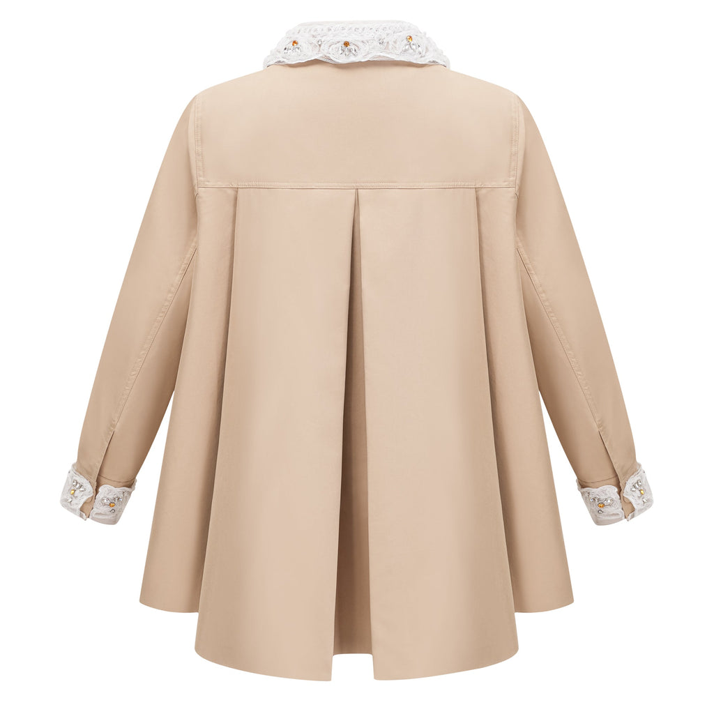 Marta Khaki Embellished Lace Trim Trench Coat