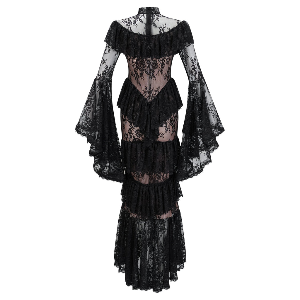 Roxane black floral-lace ruffled maxi dress