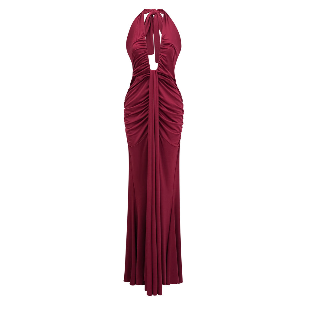 Vestido largo halter con drapeado y acabado ajustado, en color neutro, diseñado por Final Sale.