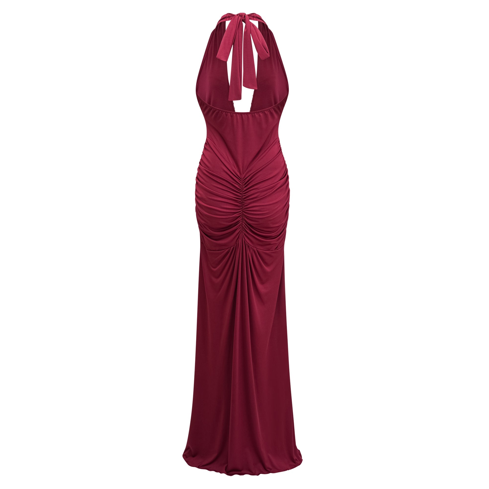 Vestido largo halter con ruched de la marca Final Sale, en color neutro, con diseño elegante y ajustado en la parte superior.